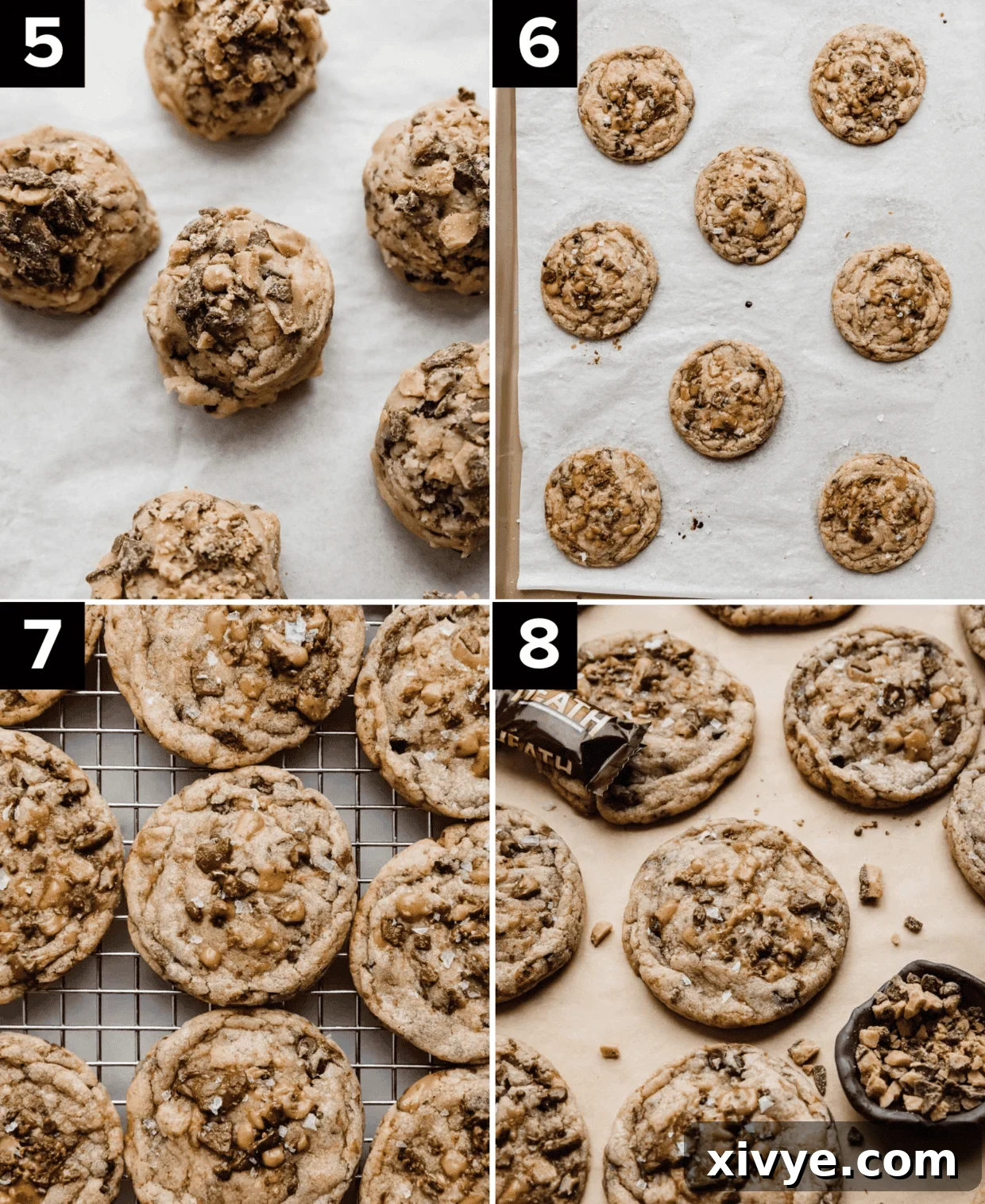 Toffee Crunch Cookies 5 Four photos showing how to make the best Heath cookies using heath bar toffee bits: top left image is raw Heath cookie dough balls, top right image is baked Heath Bar Cookies on a baking sheet, bottom let photo is Heath Bar Cookies on a wire cooling rack, bottom right is the best heath bar cookies recipe on parchment paper.