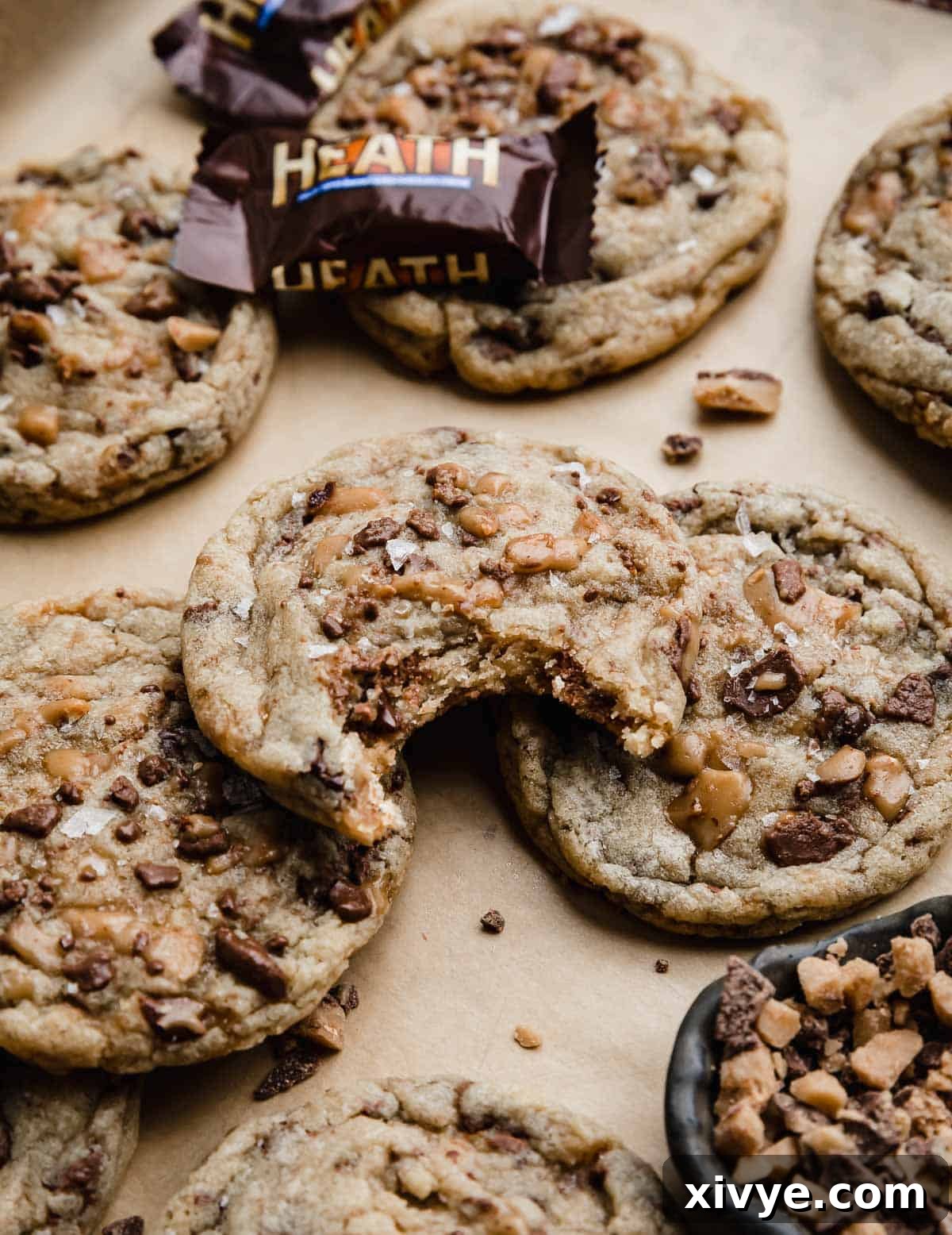 Toffee Crunch Cookies 6 A Heath Bar Cookie with a bite taken out of it.