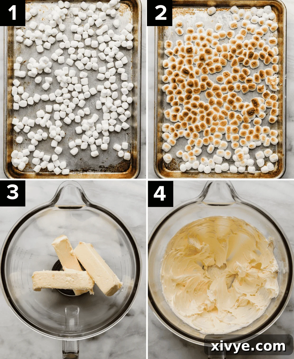 Four photos illustrating the process of making toasted marshmallow frosting. Top left: mini marshmallows on a baking sheet. Top right: perfectly toasted marshmallows. Bottom left: softened butter in a glass bowl. Bottom right: creamed, lightened butter in the same glass bowl.