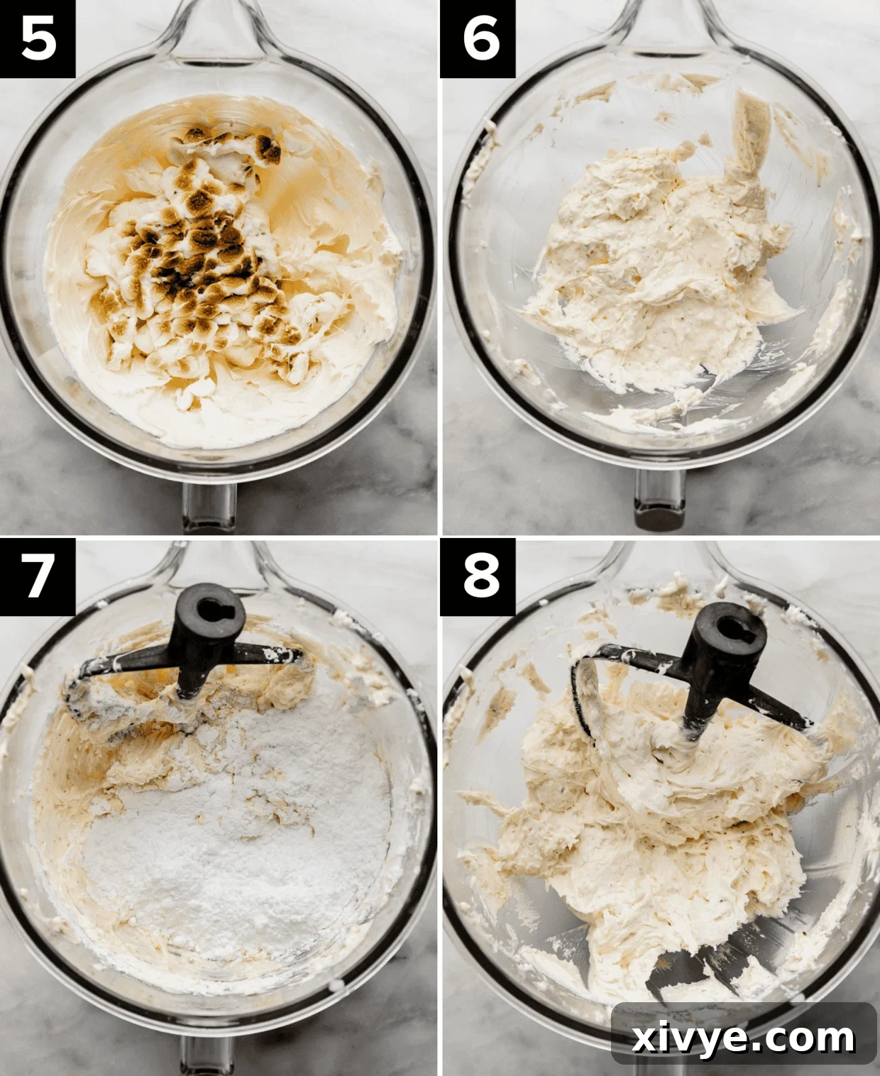 A series of four photos detailing the process of making marshmallow frosting with toasted marshmallows, showing the stages of ingredient mixing.