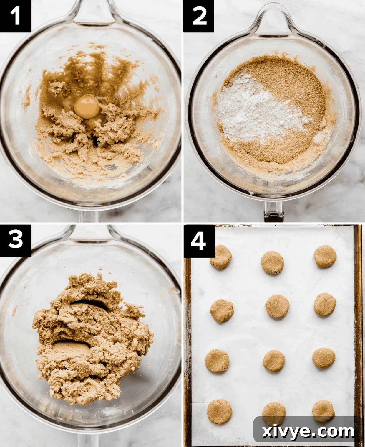 Four photos showing the process of how to make s'mores cookie dough that will be used to make S'mores Sandwich Cookies.