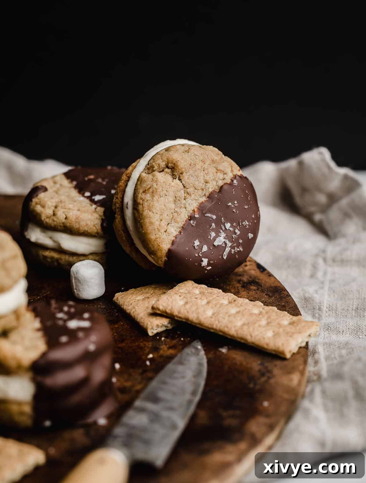 A s'mores cookie sandwich with marshmallow frosting and dipped in melted chocolate, leaning against a brown surface.