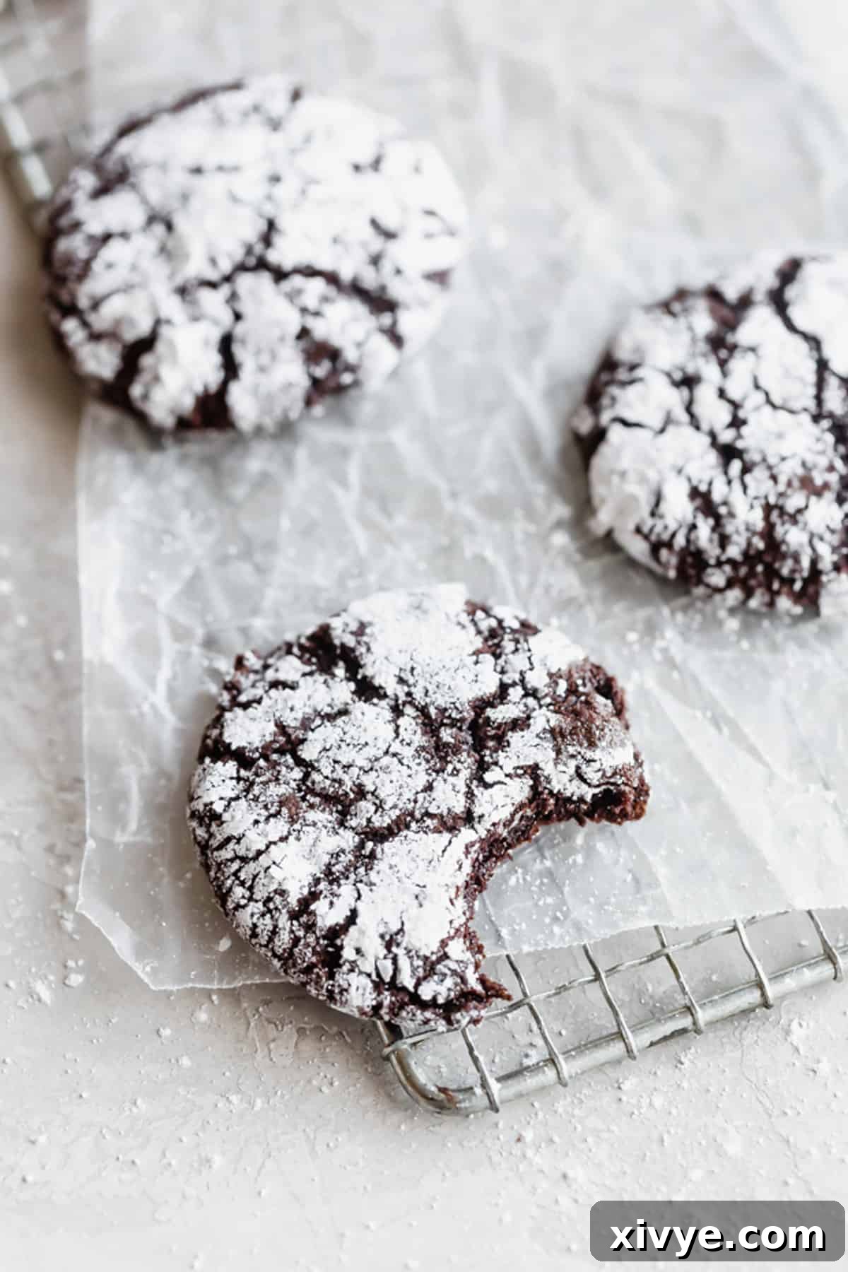 A Chocolate Crinkle Cookie with a bite taken from it, resting on a metal cooling rack against a white background, showcasing its rich texture and distinct crinkles.