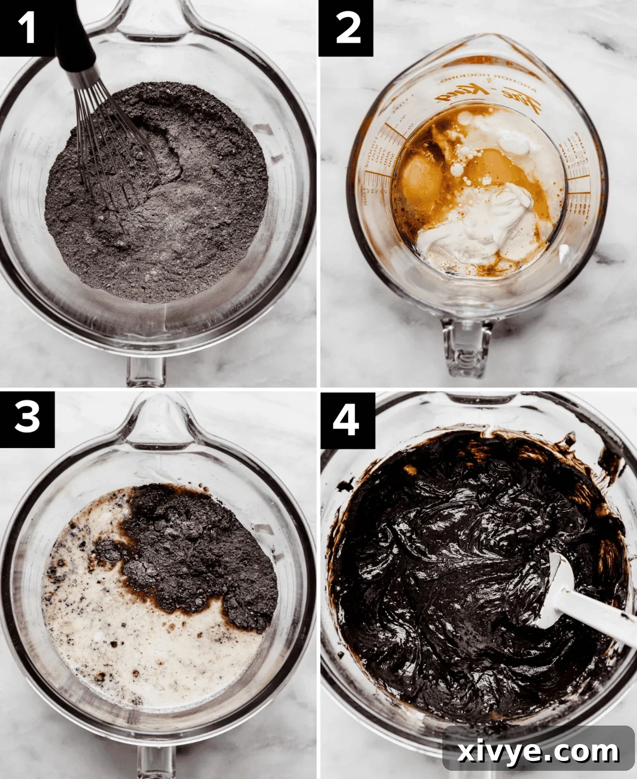 A four-panel image demonstrating the process of making an Oreo Poke Cake: preparing dry ingredients, mixing wet ingredients, combining both, and pouring batter into the pan.