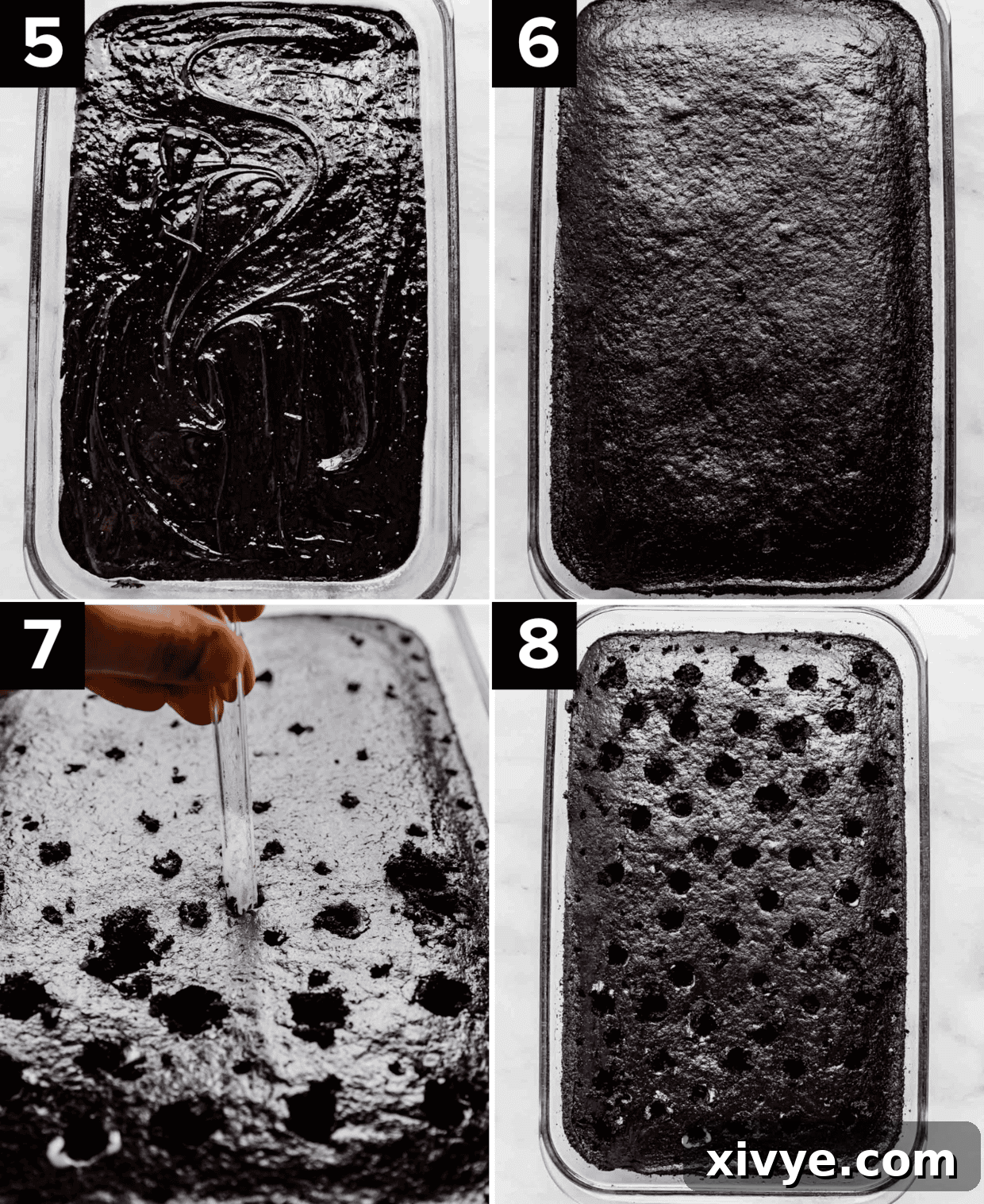 A sequence of four images showing cake preparation for Oreo Poke Cake: black cake batter in a pan, the baked cake, a straw poking holes into the warm cake, and an overhead view of the poked cake surface.