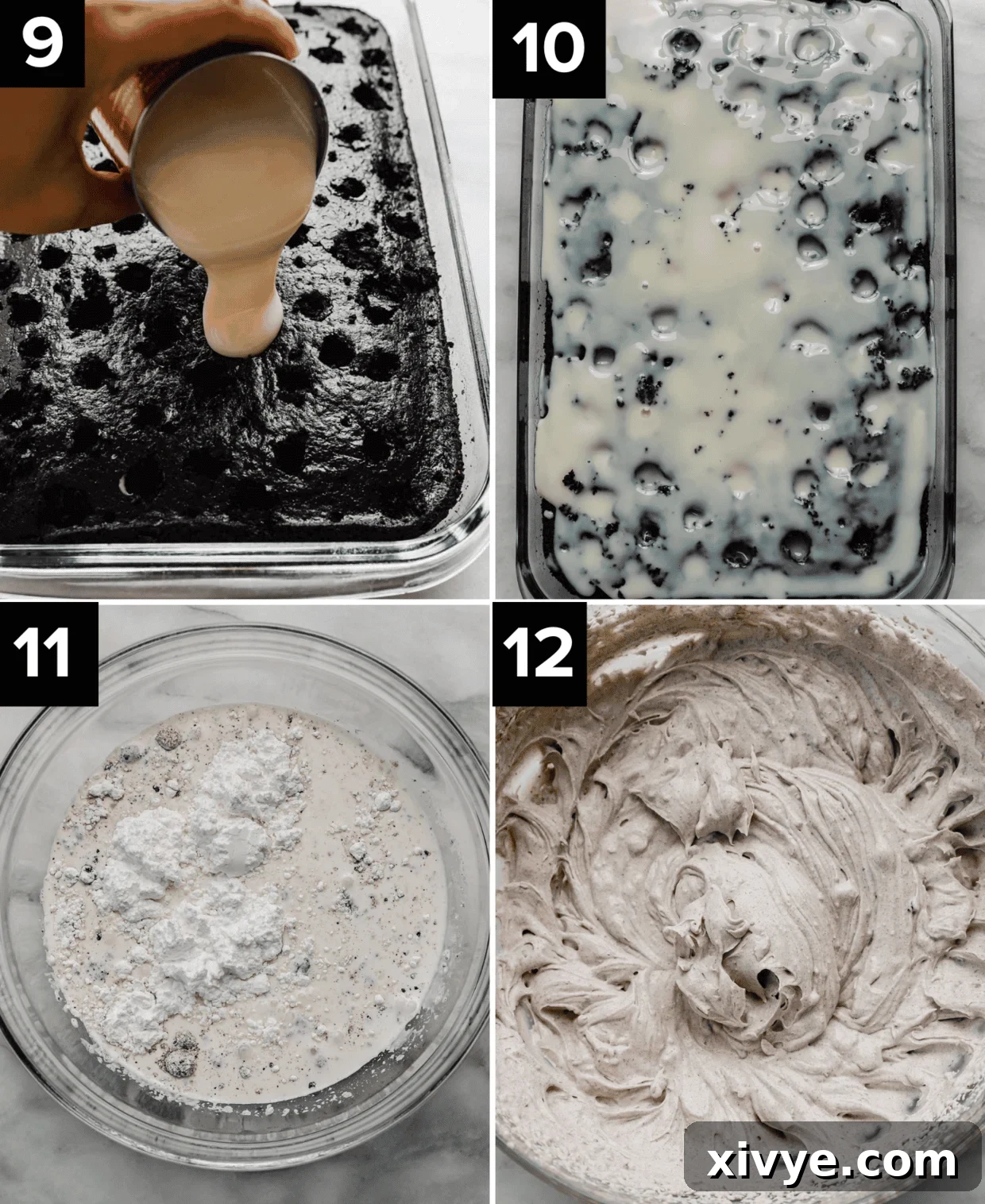 A four-panel image illustrating the frosting process of Oreo Poke Cake: pouring sweetened condensed milk, the milk soaking into the cake, heavy cream and Oreo pudding mix in a bowl, and the finished whipped Oreo cream.