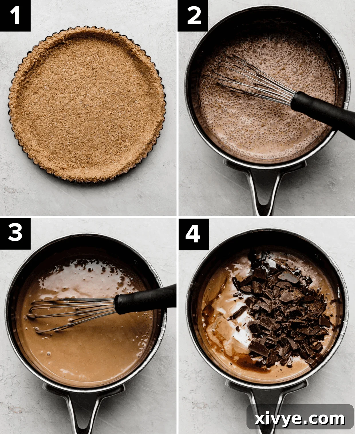 Top left photo is graham cracker crust in a circle tart pan, top right phot is cocoa and cornstarch whisked in a saucepan, bottom left image is a light brown pudding mixture in a saucepan, bottom right photo is chopped chocolate a top a brown pudding in a saucepan.
