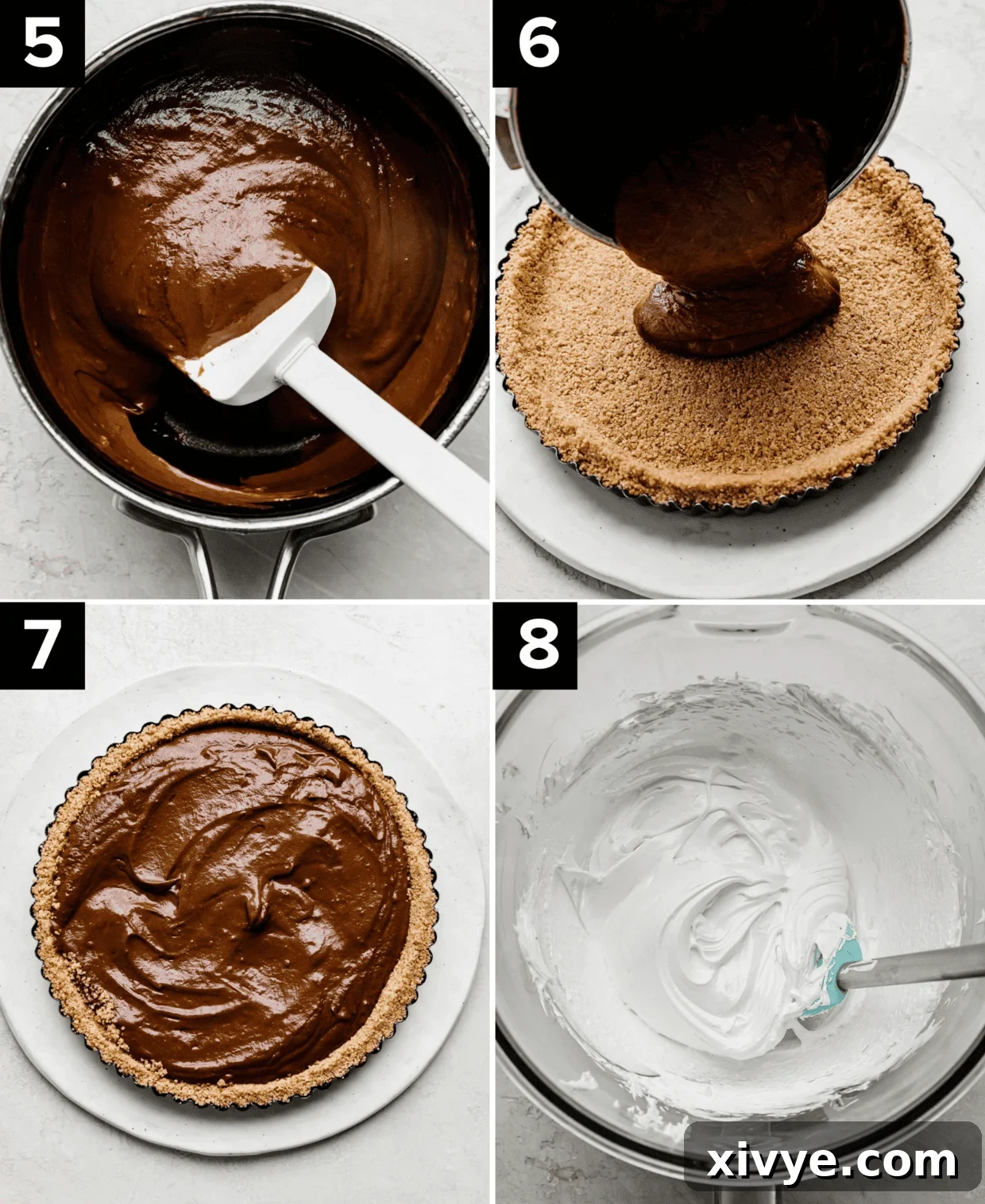 Four photos showing how to make a toasted S'mores Pie recipe: top left is chocolate pudding in a saucepan, top right photo is chocolate pudding poured overtop a graham cracker crust, bottom left image is a chocolate pudding evenly spread in a graham cracker crust, bottom right photo is homemade marshmallow cream in a glass bowl.