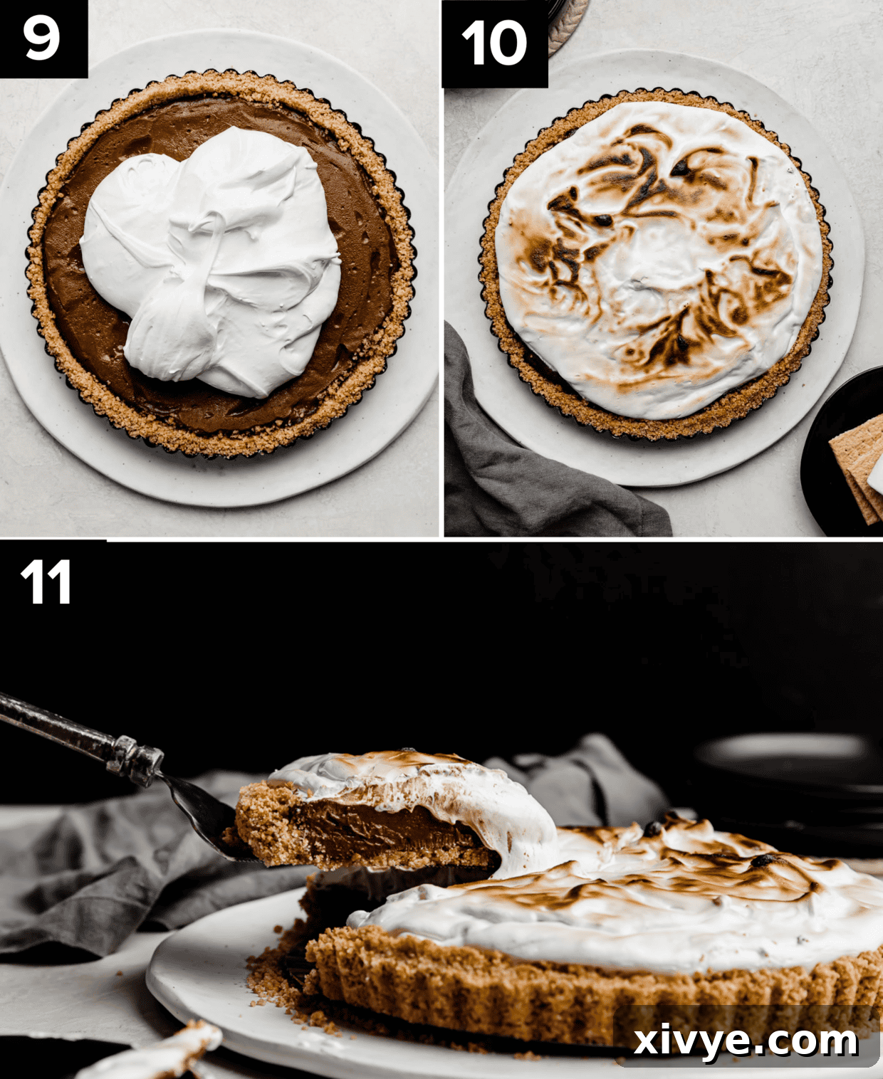 Three photos showing the making of the best S'mores Pie recipe: top left image is homemade marshmallow cream a top a chocolate pudding pie, top right image is toasted marshmallow smores pie, bottom image is a slice of S'mores Pie against a black background. 