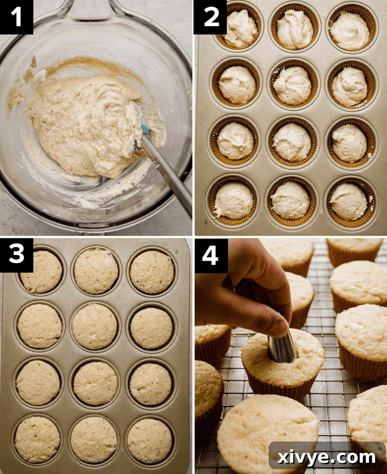 Decadent Nutella Swirl Cupcakes 4 Four photos, top left is vanilla cupcake batter in a glass bowl, top right is cupcake batter portioned into cupcake liners, bottom left image is baked vanilla cupcakes in cupcake pan, bottom right image is a metal piping tip pressing into the center of a cupcake.