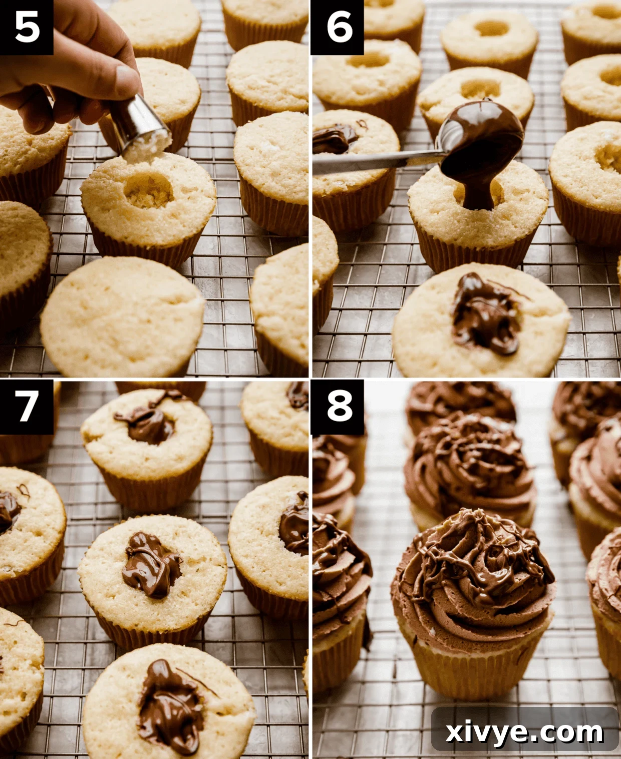 Decadent Nutella Swirl Cupcakes 5 Four photos showing how to make Nutella cupcakes, top two photos are coring a cupcake and filling the hole with Nutella, bottom left photo is Nutella filled cupcakes on wire rack, bottom right image is Nutella frosting swirled on a vanilla Nutella cupcake.