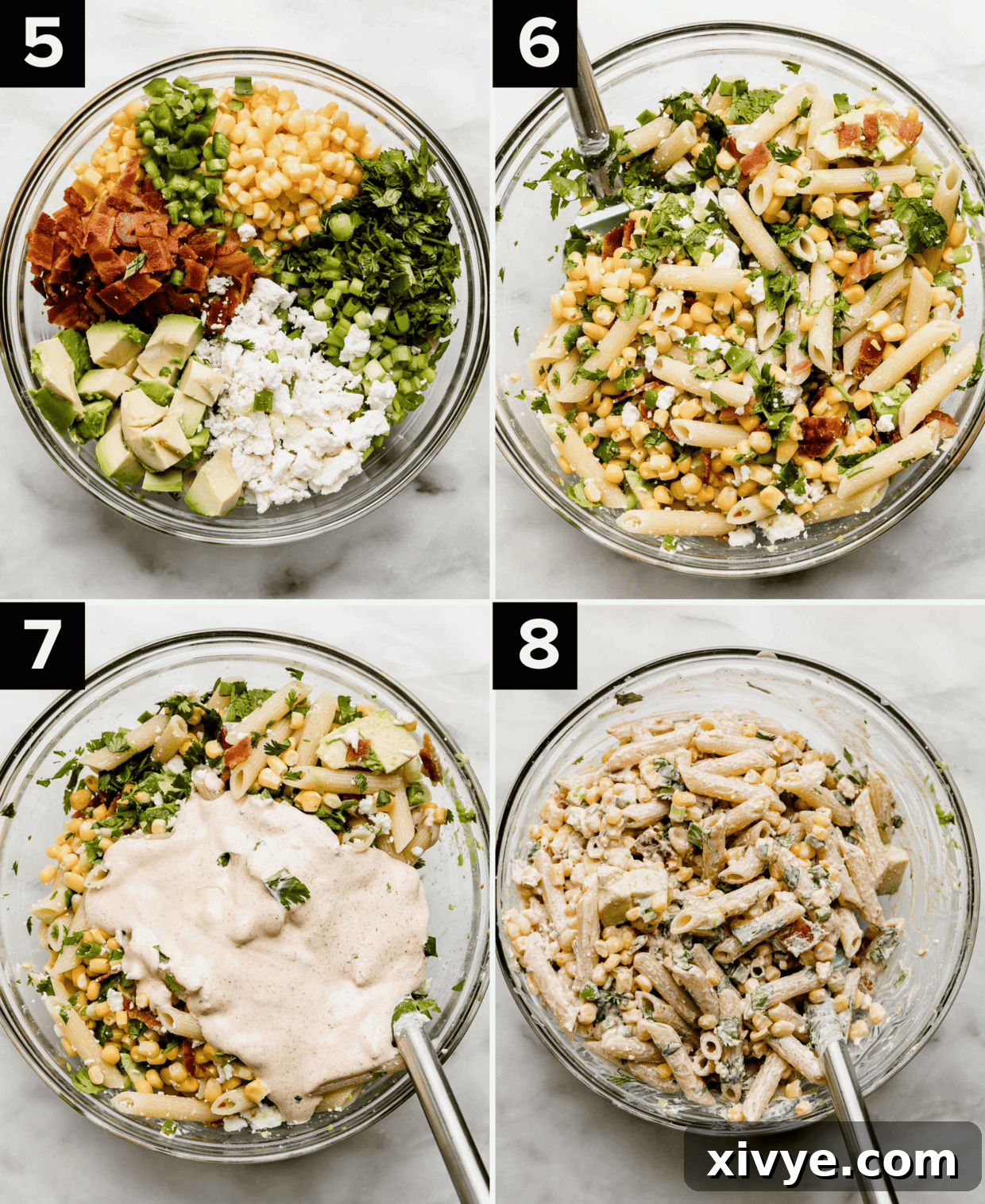 Four photos showing the process of making Mexican Street Corn Pasta Salad by adding the corn, cheese, and mix-ins, then it stirred together and then the mayo dressing added and mixed in.