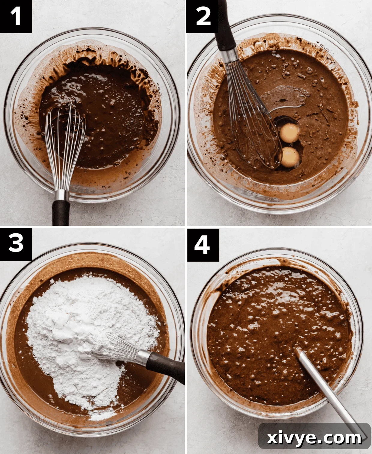 Four photos showing the making of homemade chocolate cake, top photos are a glass bowl with brown wet ingredients and then bottom photos are of dry ingredients added then mixed.