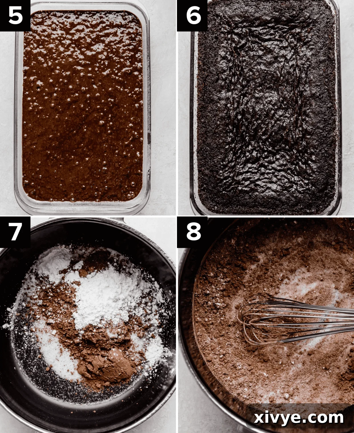 Top left photo is wet chocolate cake batter in a 9x13 pan, top right is a baked chocolate cake in a 9x13 pan, bottom left is saucepan with cocoa, cornstarch and sugar, bottom right is the dry ingredients whisked in a saucepan.