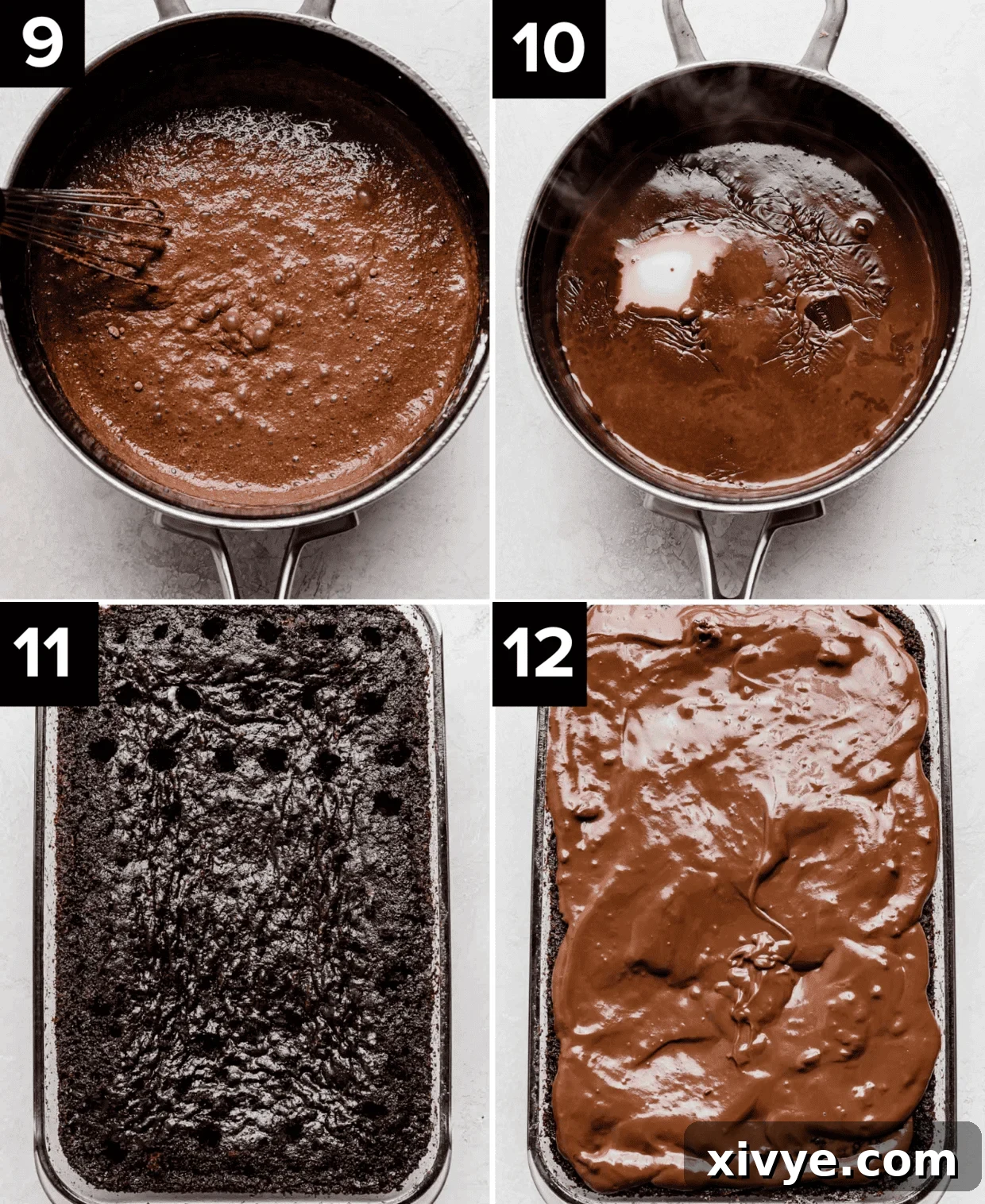 Top two photos are chocolate pudding being made in a saucepan, bottom left is a chocolate cake in a 9x13 with holes poked all over it, bottom right is chocolate pudding poured over the chocolate cake.
