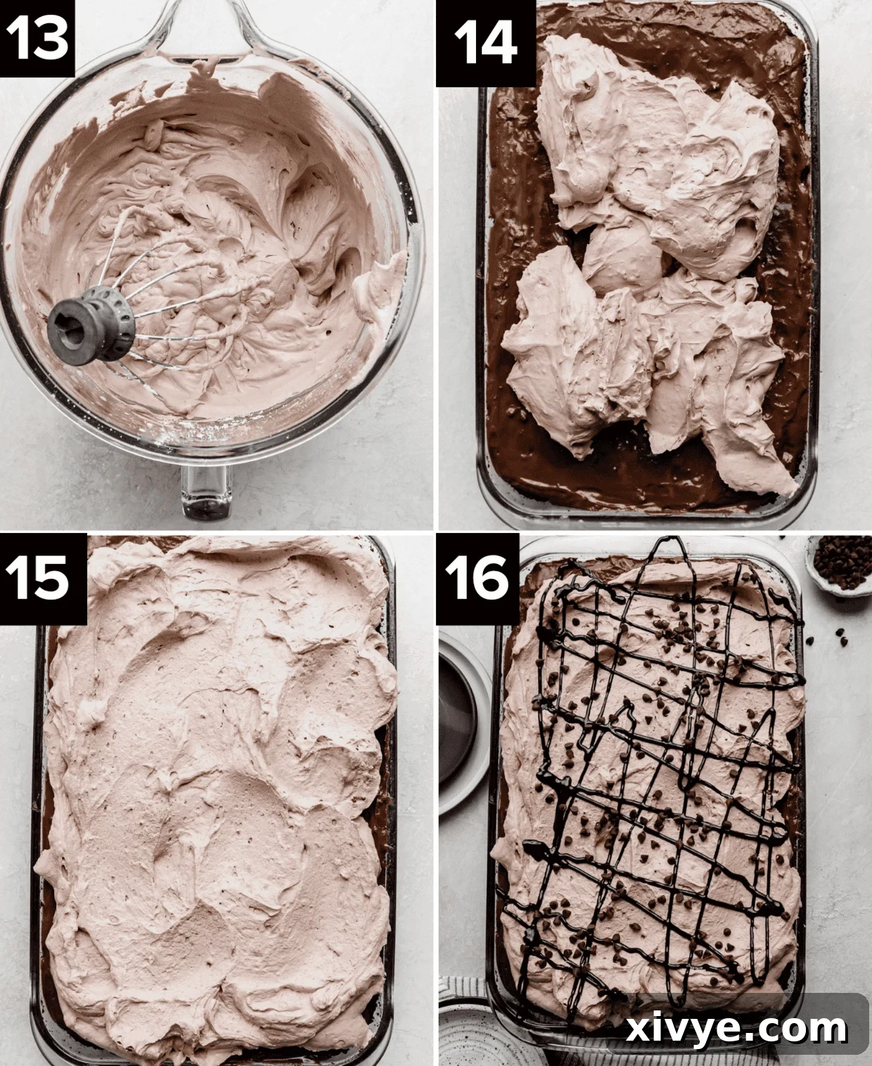 Top left image is chocolate whipped cream in a glass bowl, top right is chocolate cake with dollops of chocolate cream, bottom left image is chocolate whipped cream spread along a chocolate cake, bottom right is a Chocolate Poke Cake with drizzled chocolate and mini chocolate chips overtop. 