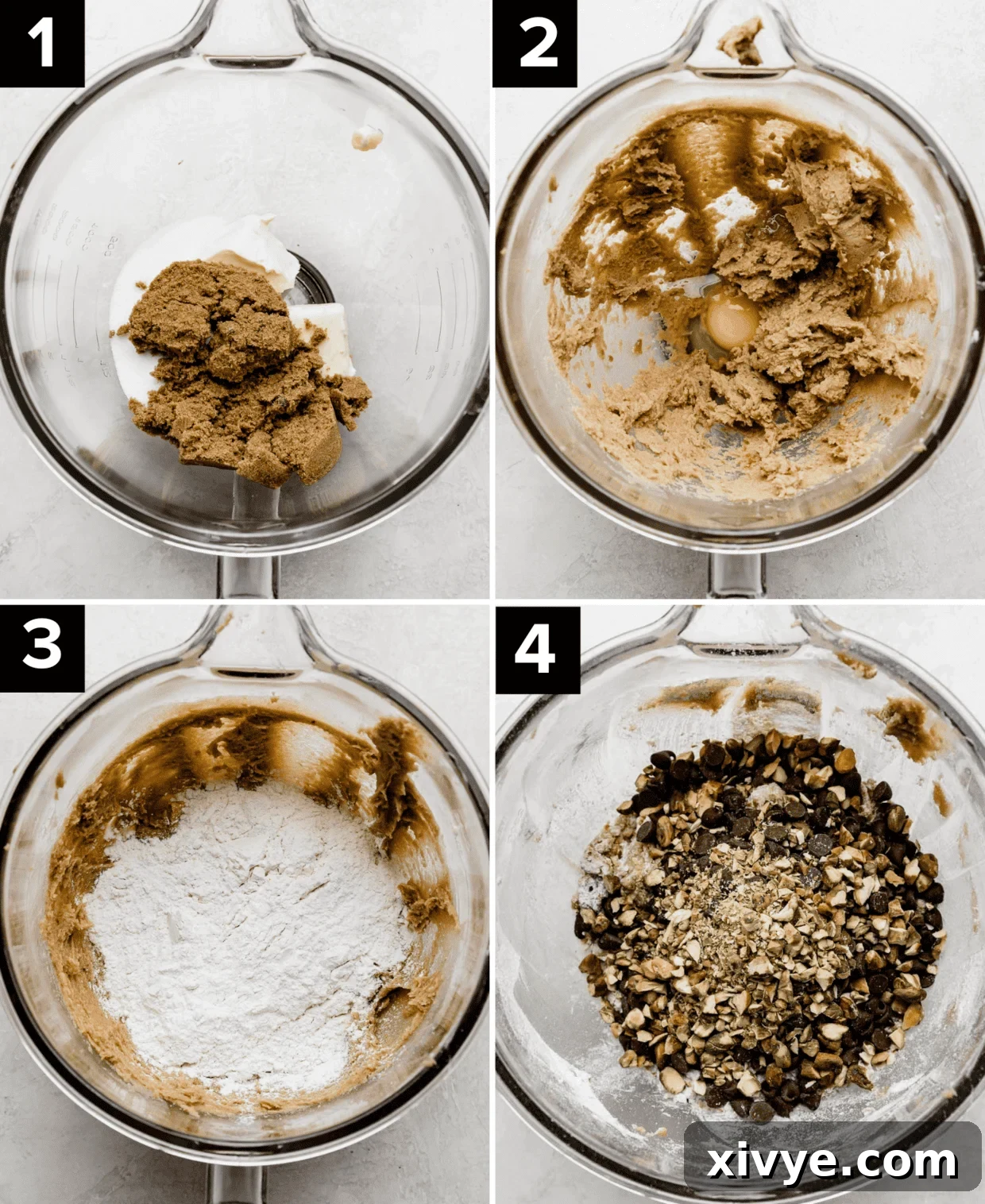 Emerald Pistachio Chocolate Chip Cookies 4 Four photos showing how to make Chocolate Chip Pistachio Cookie dough, top images are sugar and butter creamed, bottom images are flour added to dough and then chocolate chips and pistachios in the bowl.