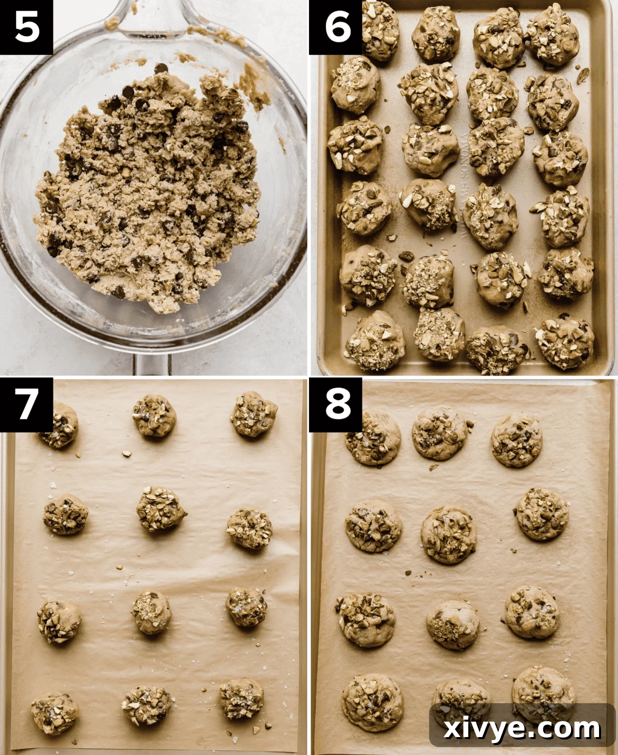 Emerald Pistachio Chocolate Chip Cookies 5 Four photos showing the making of Chocolate Chip Pistachio Cookies, top left is Chocolate Chip and Pistachio Cookie dough in a bowl, top right is cookie dough balls lined up on baking sheet, bottom left is cookie dough balls on Kraft parchment prior to baking, bottom right photo is baked Chocolate Chip and Pistachio Cookies.