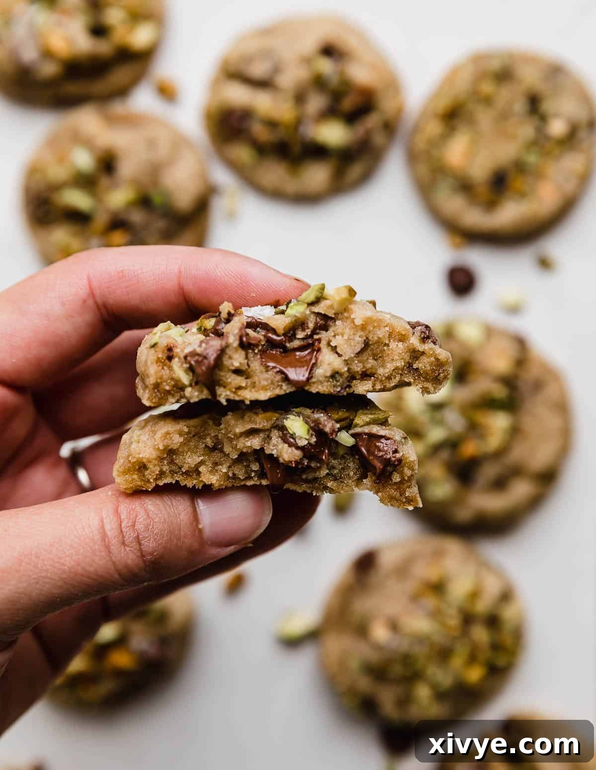 Emerald Pistachio Chocolate Chip Cookies 7 A hand holding a chocolate chip pistachio cookie that's been broken in half.
