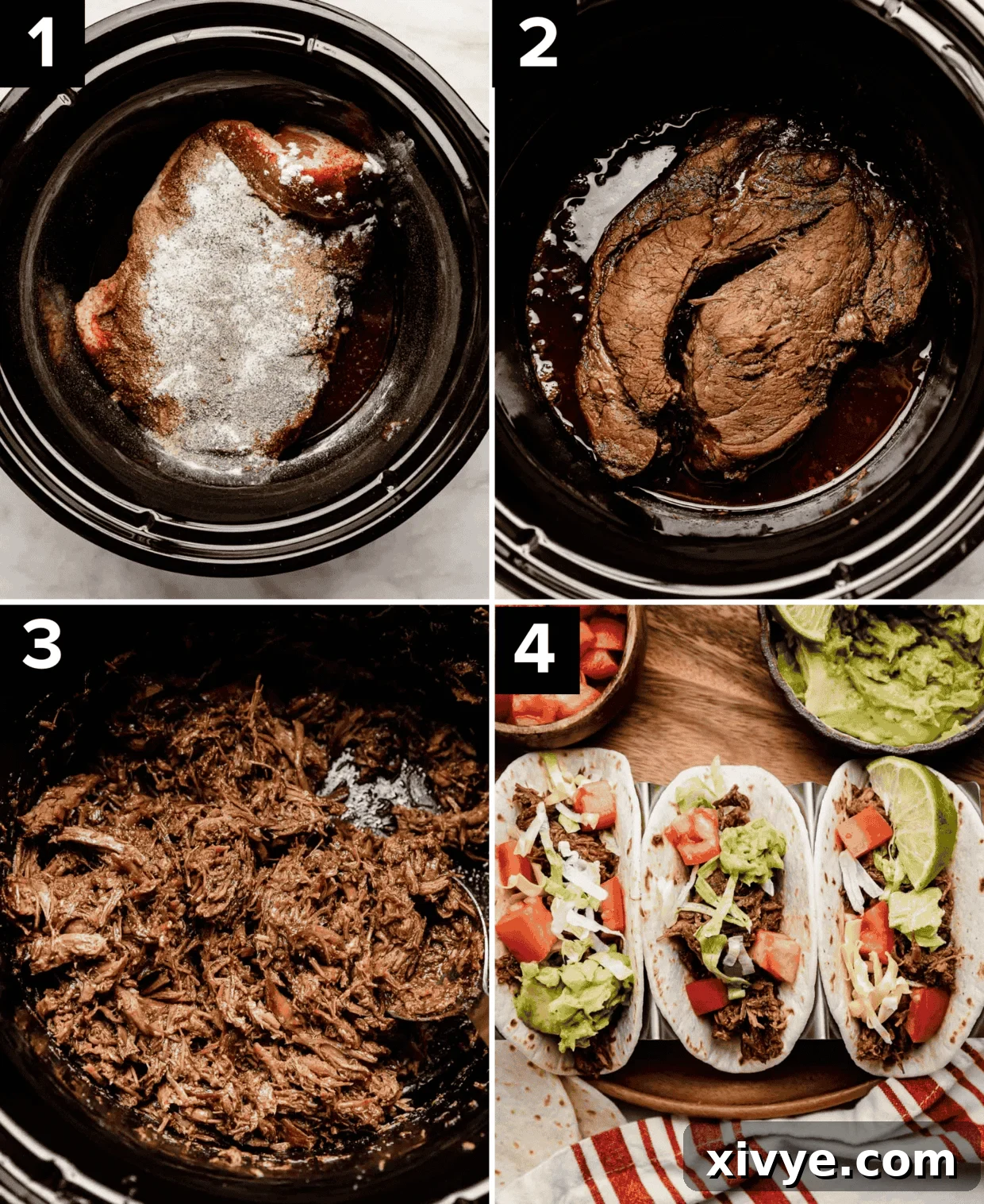 Four photos showing how to make Crock Pot Shredded Beef Taco meat, top two images are beef chuck roast in a black round crock pot (raw and then cooked), bottom left image is shredded beef taco meat, bottom right image is Crock Pot Shredded Beef Tacos on flour tortillas.