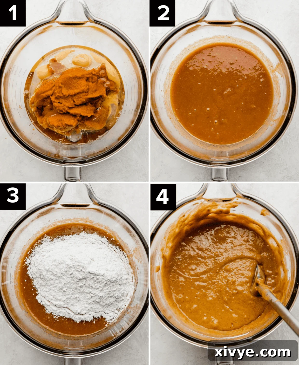 Four photos showing how to make Pumpkin Bundt Cake batter in a glass bowl.