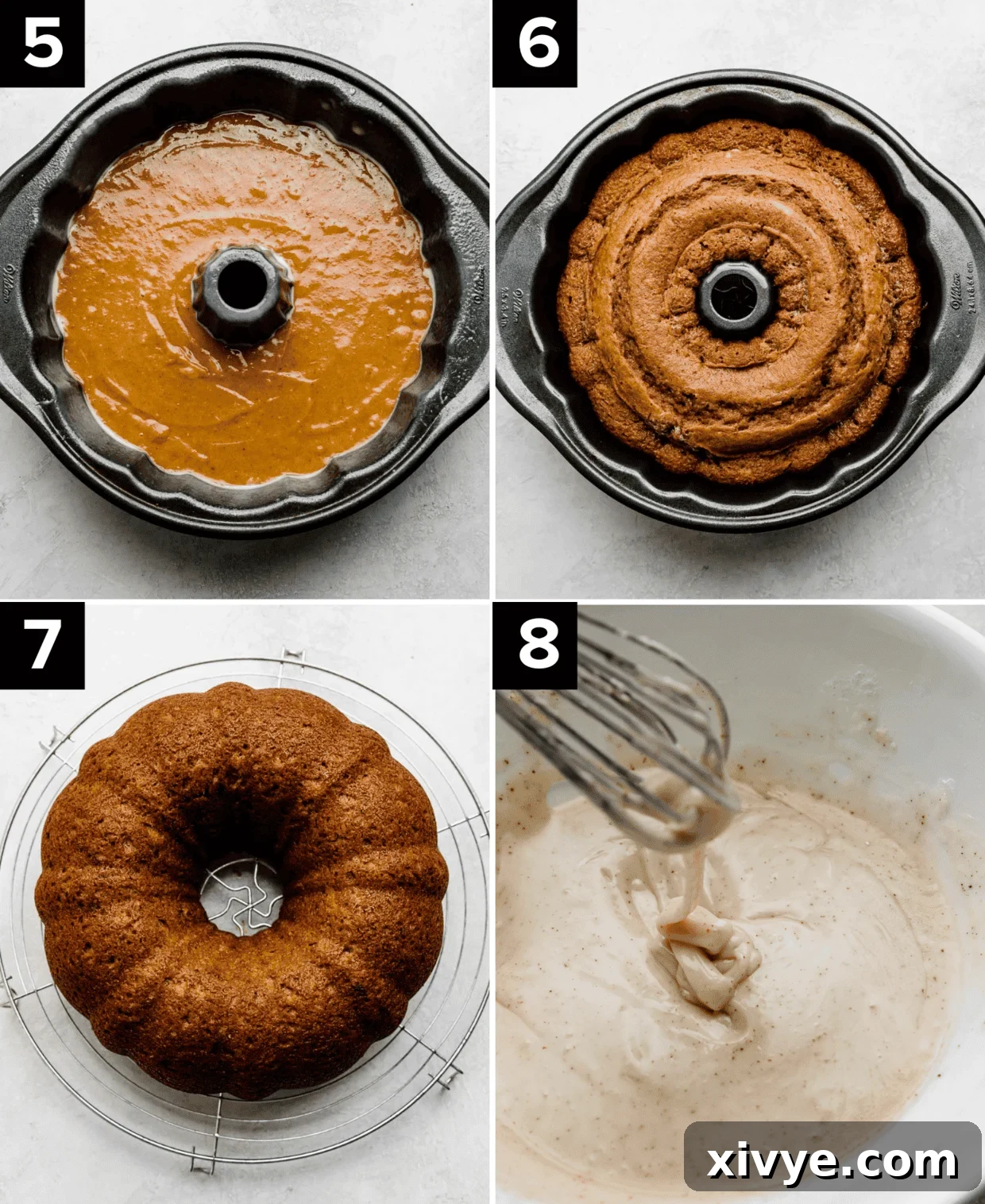 Top left image is pumpkin cake batter in a bundt pan, top right image is a baked Pumpkin Bundt Cake in a pan, bottom left photo is a Pumpkin Bundt Cake on a cooling rack, bottom right image is brown butter glaze in a white bowl.