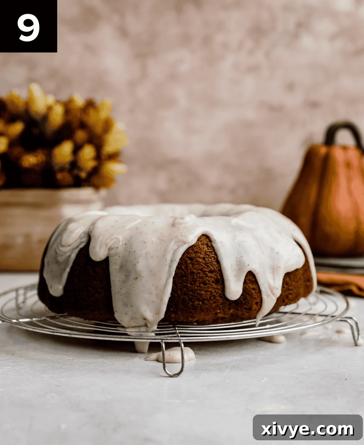 Brown butter glaze drizzled overtop a Pumpkin Bundt Cake.