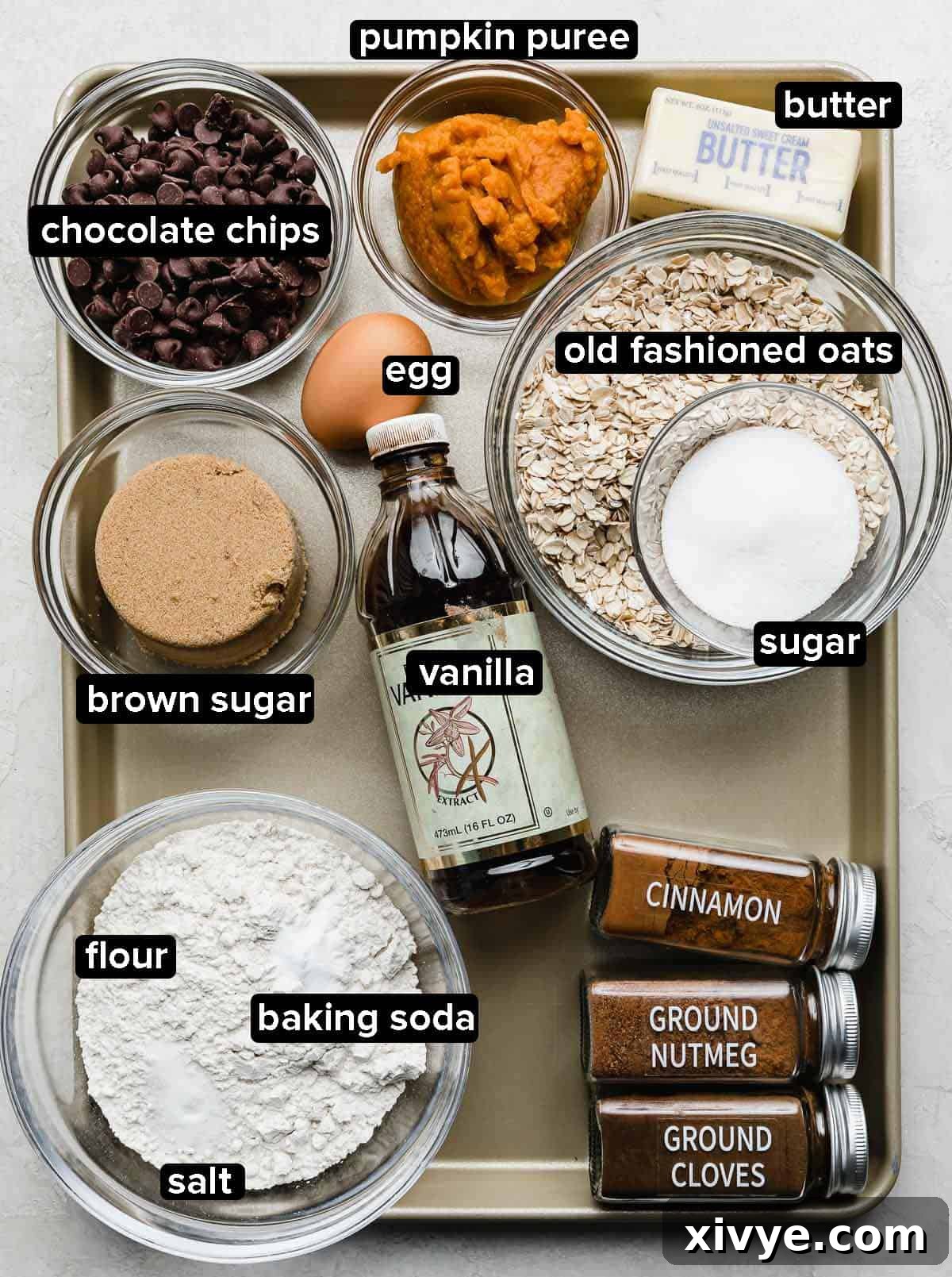 Warm Spiced Pumpkin Oat Chocolate Chip Delights 3 Chocolate Chip Oatmeal Pumpkin Cookies ingredients portioned into glass bowls on silver baking tray.