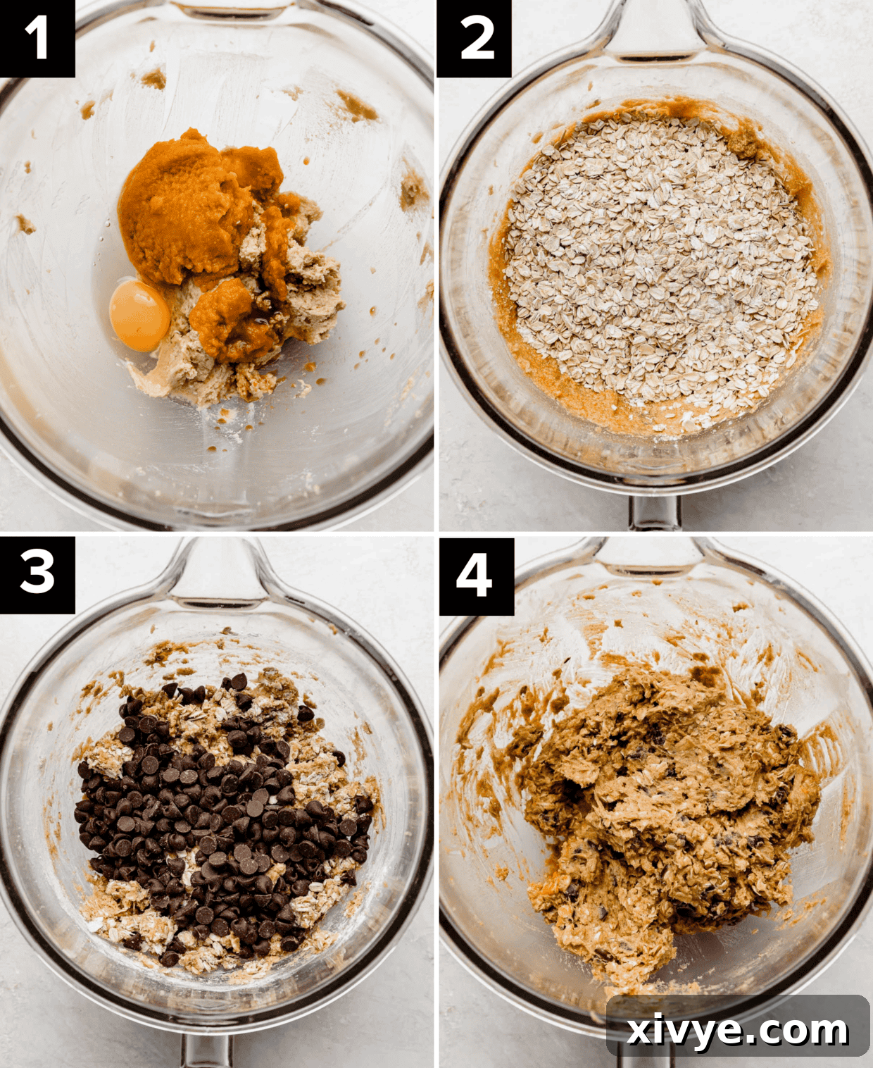 Warm Spiced Pumpkin Oat Chocolate Chip Delights 4 Four photos showing how to make pumpkin chocolate chip oatmeal cookies, top two photos are pumpkin puree and wet ingredients in bowl then the added dry ingredients, bottom images shows adding chocolate chips and then the cookie dough mixed together.