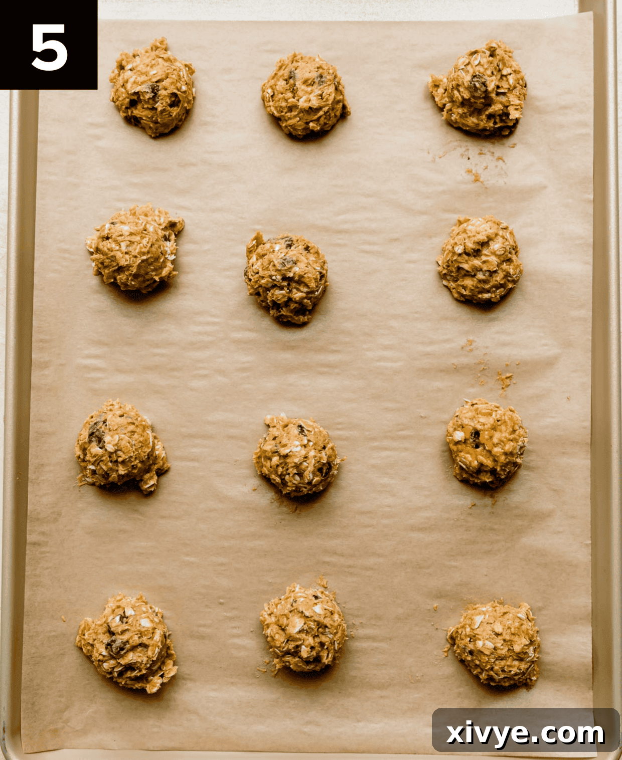 Warm Spiced Pumpkin Oat Chocolate Chip Delights 5 Chocolate Chip Oatmeal Pumpkin Cookie dough balls on a baking sheet.