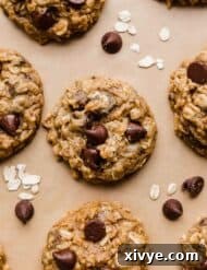 Warm Spiced Pumpkin Oat Chocolate Chip Delights 8 Oatmeal chocolate chip Pumpkin Cookies topped with semi-sweet morsels on a Kraft parchment paper.