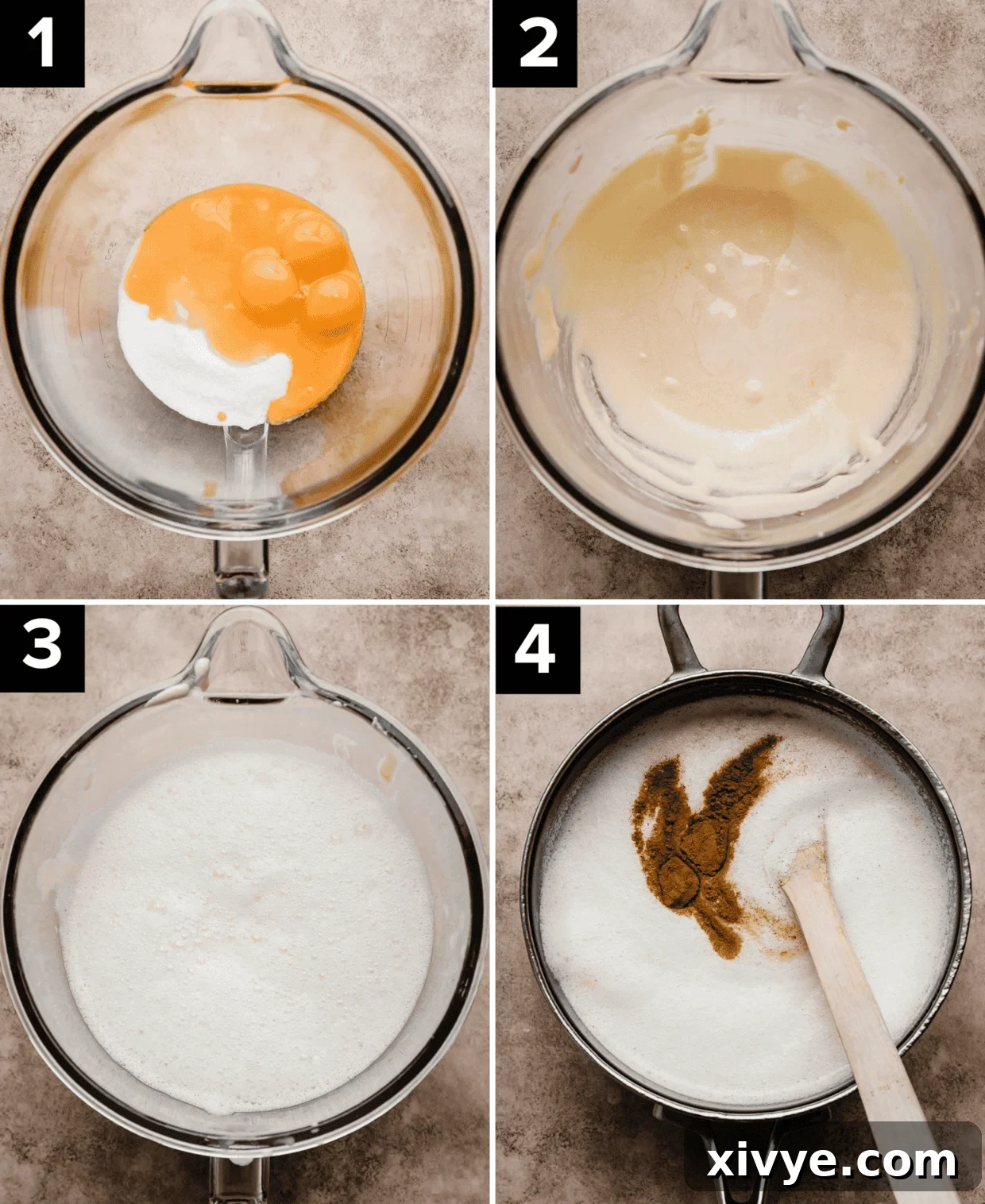 Four photos showing the making of a cinnamon ice cream base with egg yolks and sugar, and then the addition of cream and cinnamon.