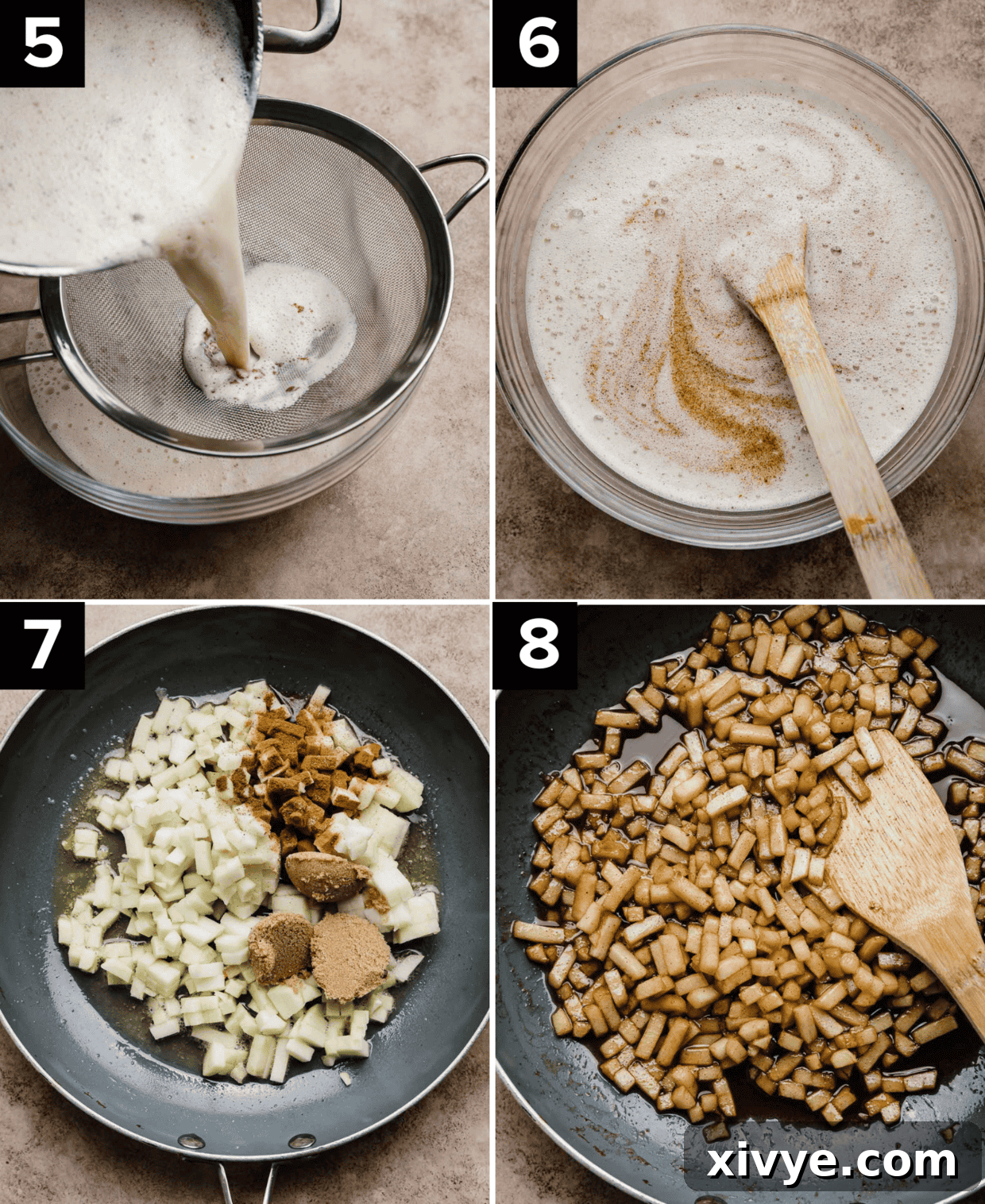 Four photos showing the making of the best Apple Pie Ice Cream recipe, top left photo is custard poured through a fine mesh sieve, cinnamon ice cream base in a glass bowl, bottom left images are diced apples with cinnamon and brown sugar (left) and softened cinnamon apples in a skillet (right).