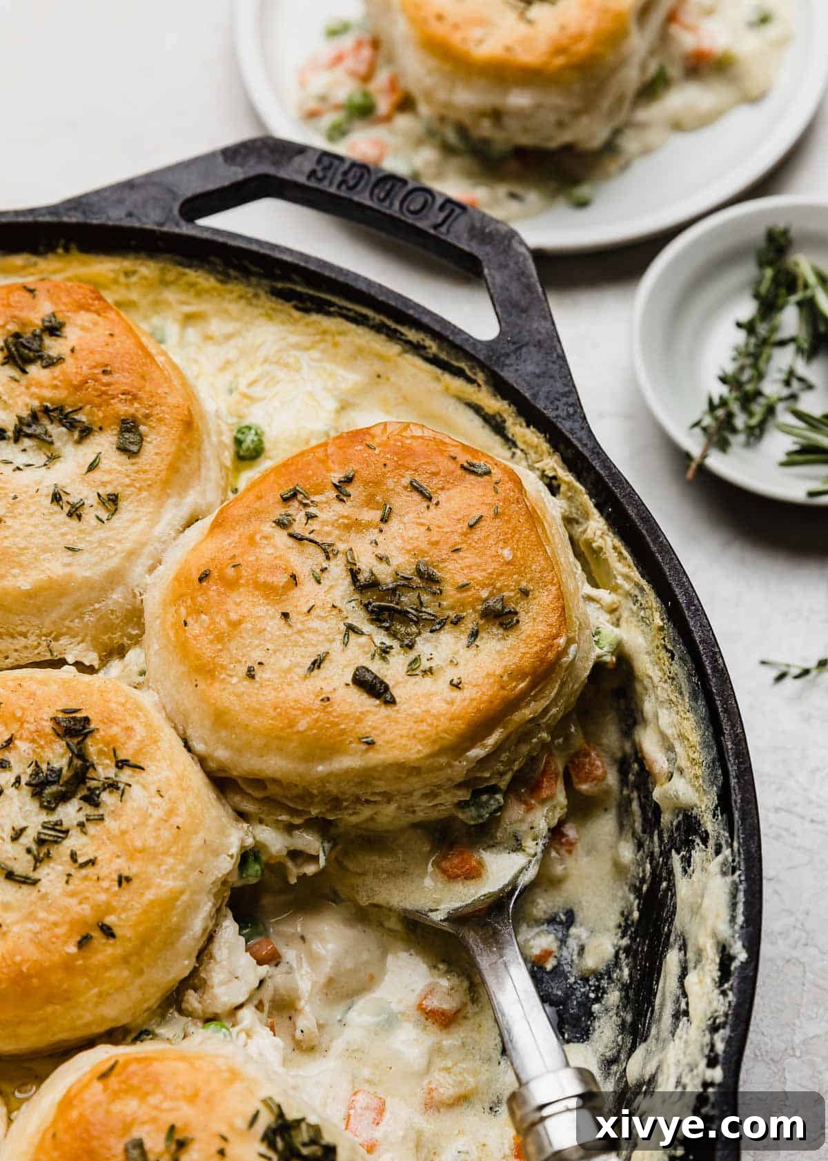 Golden-Crusted Skillet Chicken Pot Pie 2 Flaky biscuits atop a chicken pot pie filling in a cast iron skillet on a light gray background.