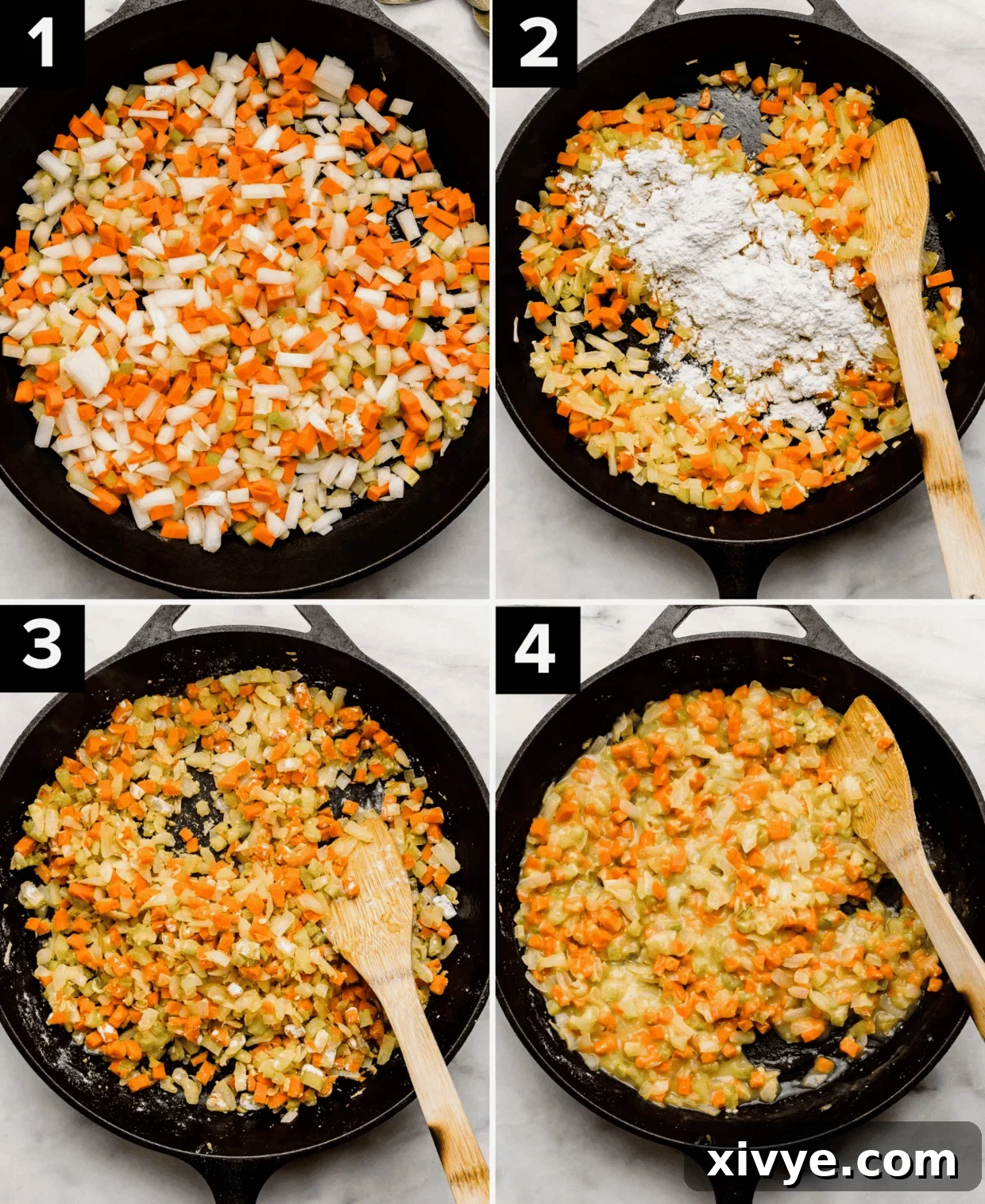 Golden-Crusted Skillet Chicken Pot Pie 4 Four photos showing the beginning of process of making Cast Iron Chicken Pot Pie by cooking diced onion, celery, and carrots in a skillet.