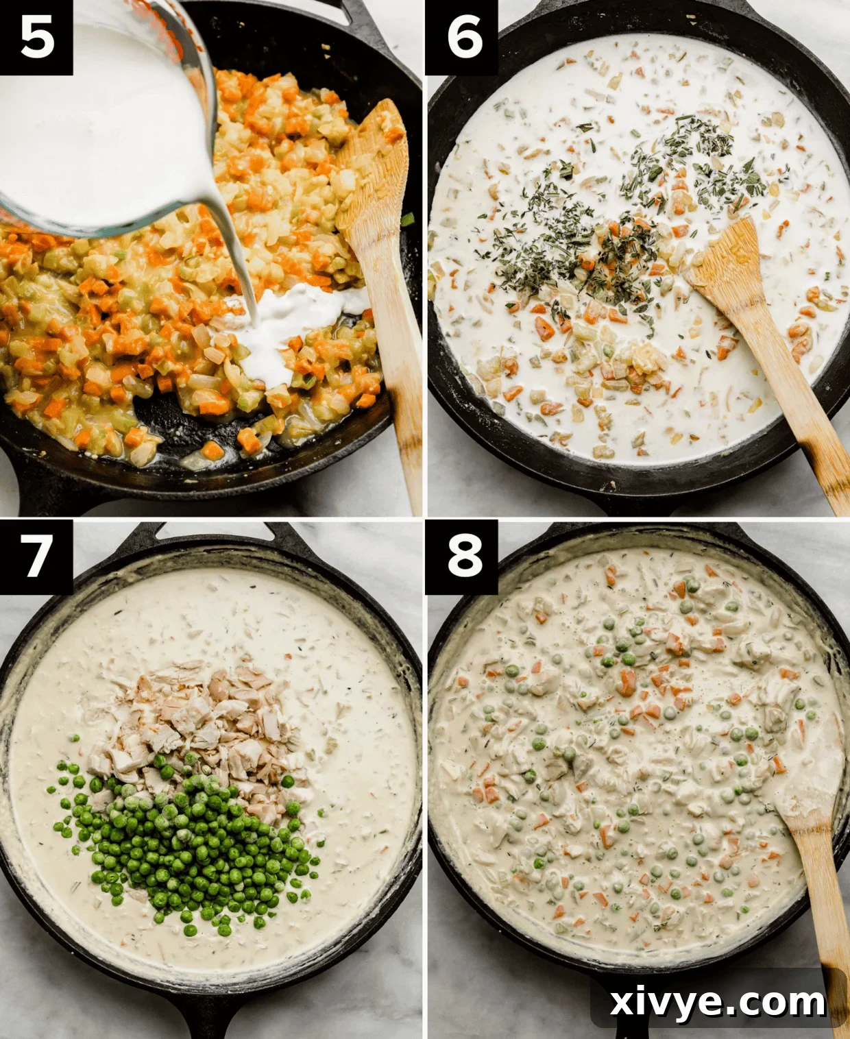 Golden-Crusted Skillet Chicken Pot Pie 5 Half and half being added to a Cast Iron Chicken Pot Pie mixture in a black pan, top right photo is white milk mixture mixed in with diced veggies, bottom left is chicken and peas added to a white pot pie mixture in a cast iron skillet, bottom right photo is cooked and creamy Cast Iron Chicken Pot Pie mixture in a black cast iron skillet.