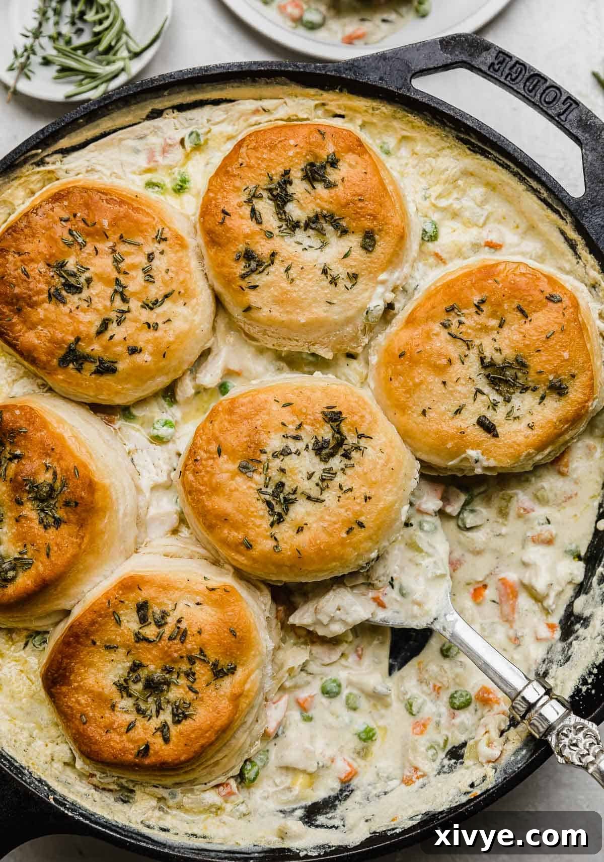 Golden-Crusted Skillet Chicken Pot Pie 7 Overhead photo of Cast Iron Chicken Pot Pie with a serving spoon scooping up a center biscuit.