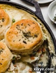 Golden-Crusted Skillet Chicken Pot Pie 9 Close up of Cast Iron Chicken Pot Pie in a Lodge skillet.