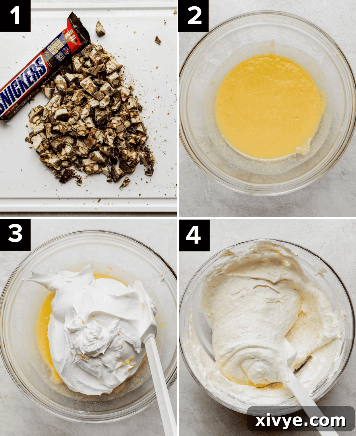 Snickers Apple Delight 4 Chopped snickers on cutting board (top left), yellow pudding in glass bowl (top right), cool whip added to glass bowl (bottom left), light yellow pudding and cool whip mixed together in glass bowl (bottom right), the process of making a salad with snickers and apples.