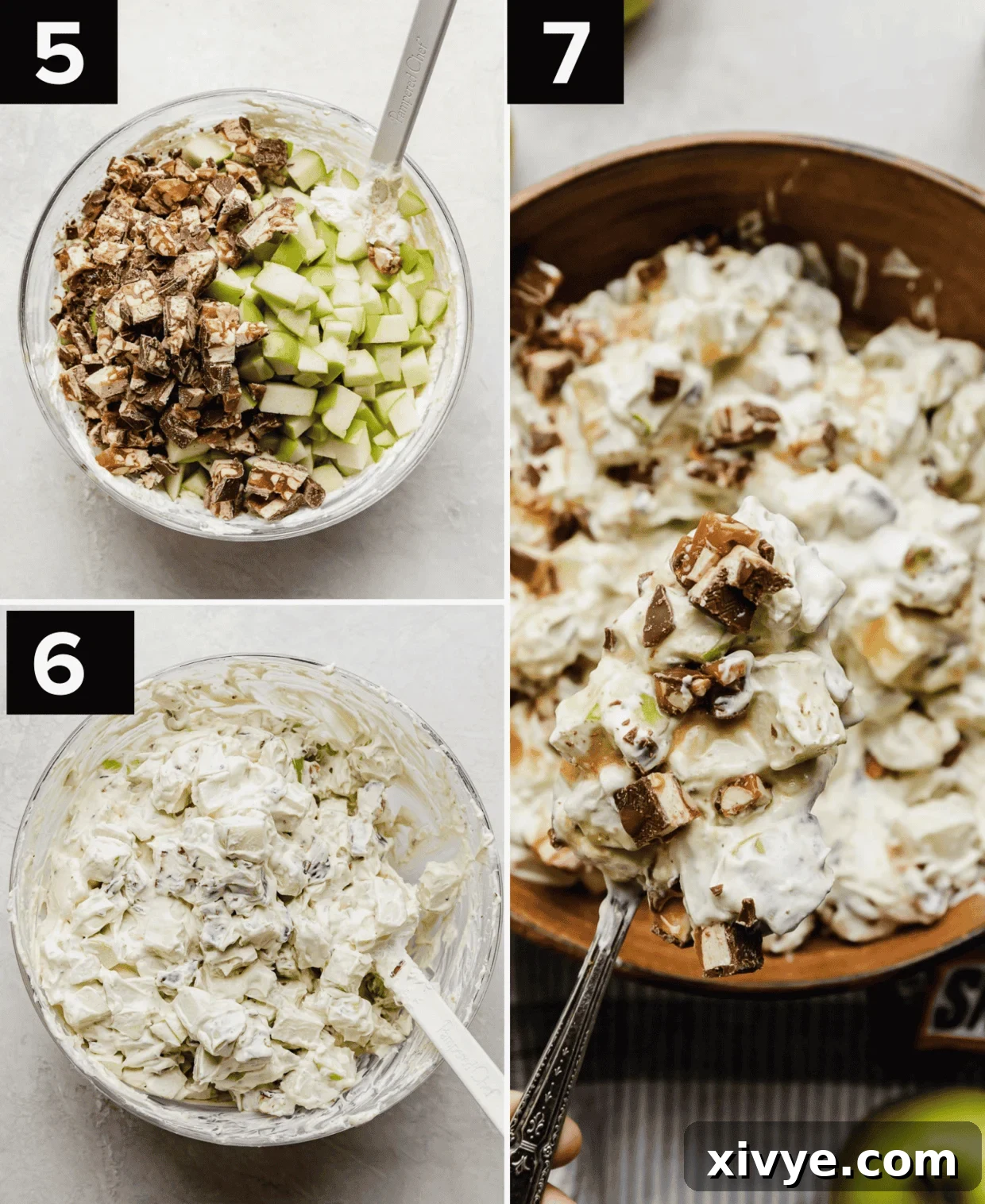 Snickers Apple Delight 5 Snickers and apples salad in glass bowl (top left), cream covered snickers apple salad in glass bowl (bottom left), far right image is an Apple Snickers Salad in a brown bowl.