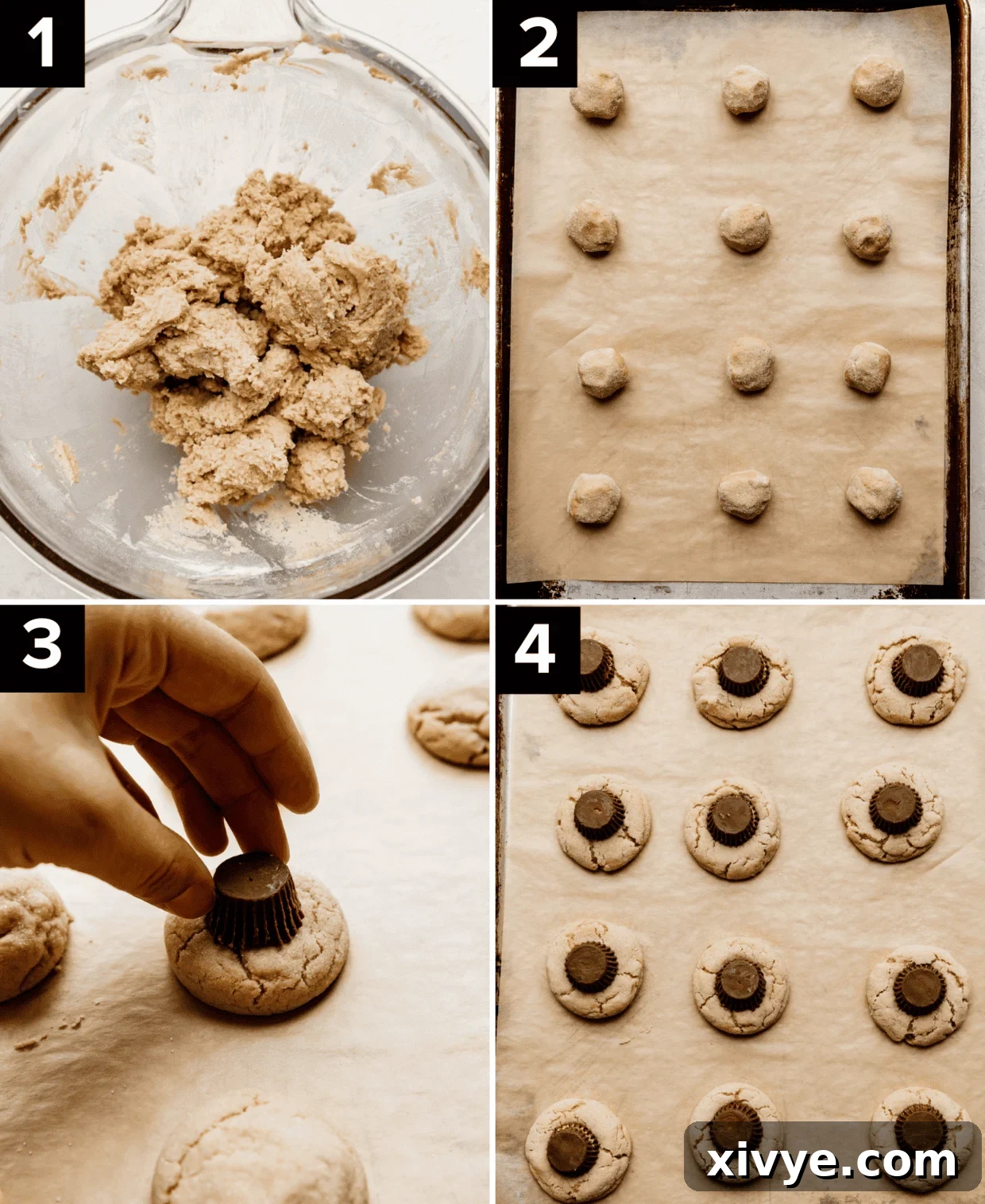 A four-panel image showing the process of making peanut butter spider cookie dough, from mixing ingredients to placing the mini Reese's peanut butter cups on top of the freshly baked cookies.