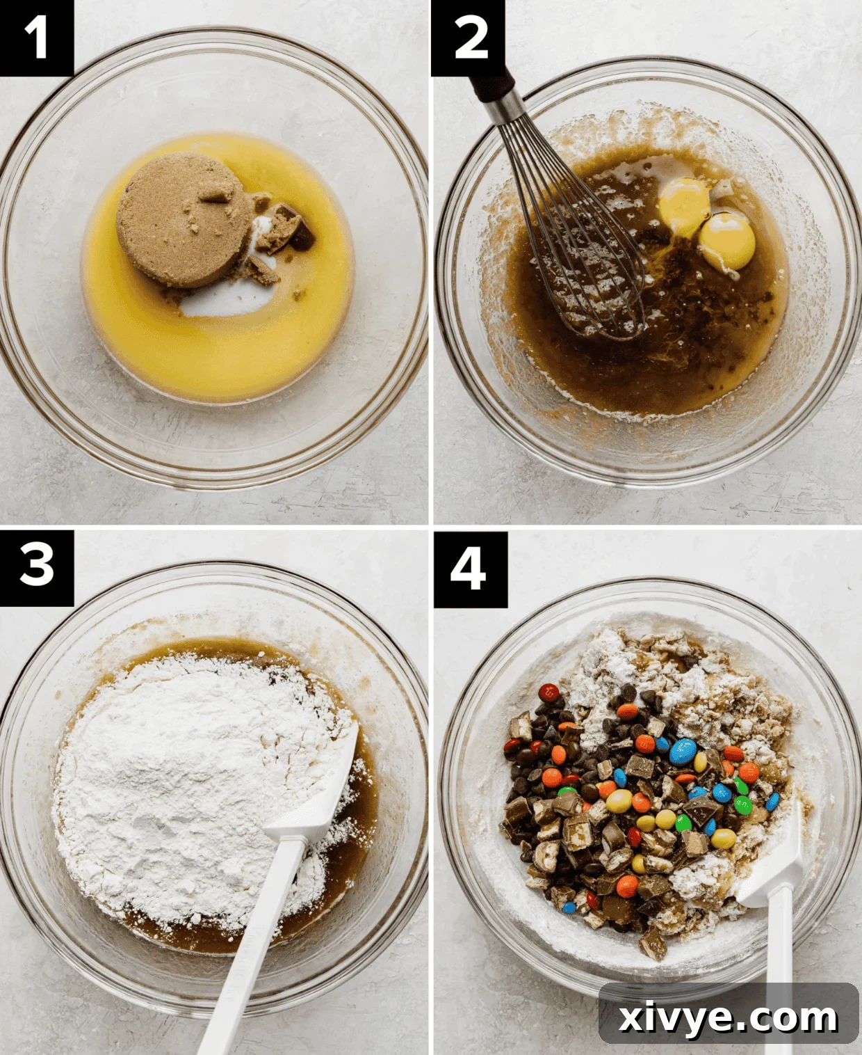 Monster Mash Candy Cookie Bars 4 Four images, each using a glass bowl showing the beginning process of how to make Leftover Halloween Candy Cookie Bar dough; melted butter with sugar and eggs added, then dry ingredients and then candy mix-ins, demonstrating the steps clearly.