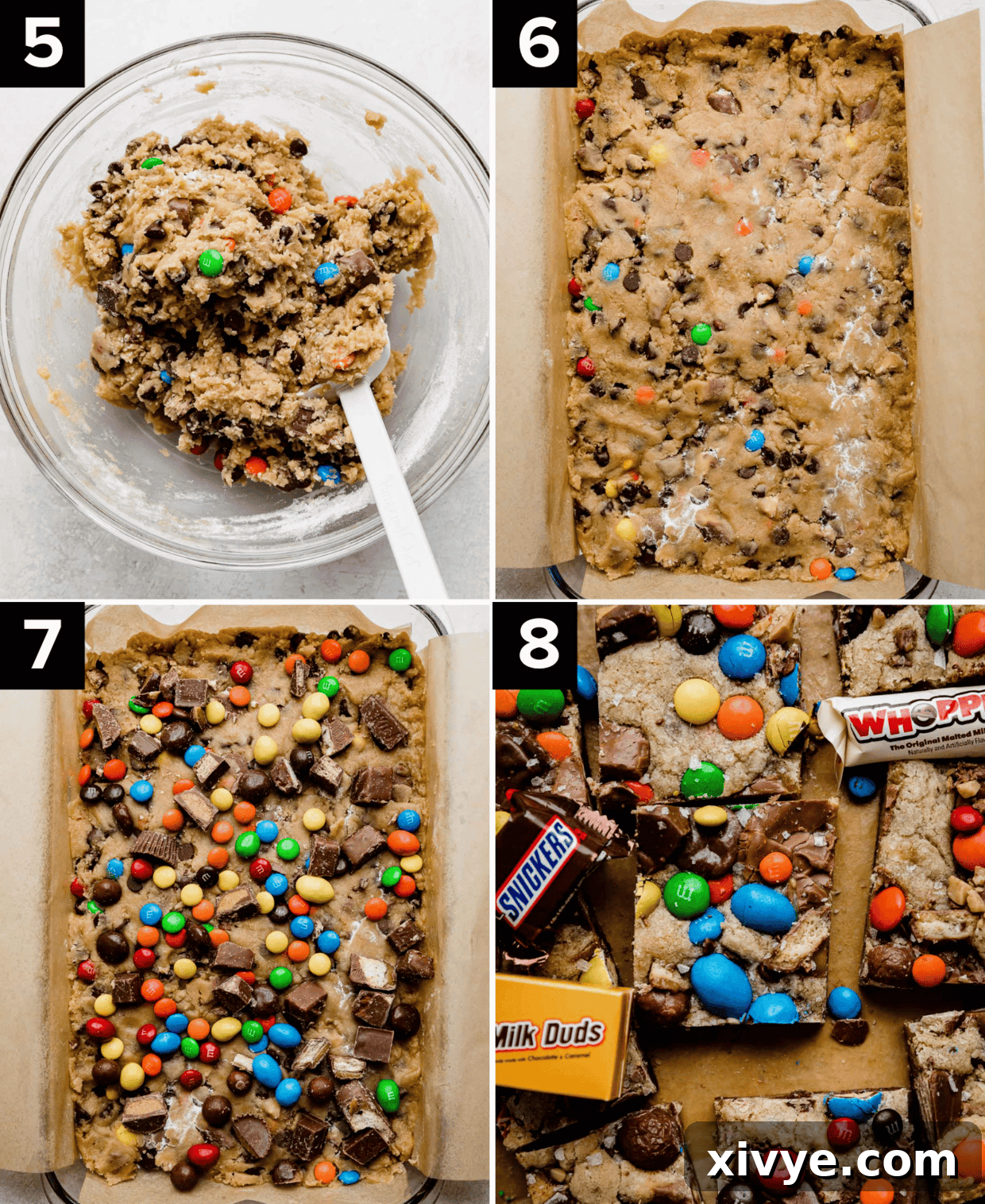 Monster Mash Candy Cookie Bars 5 Top left photo: Leftover Halloween Candy Cookie Bar dough in a glass bowl, top right: dough is flattened into a rectangle pan, bottom left: leftover Halloween candy overtop of the cookie bar dough; bottom right: baked and cut cookie bars with chopped candy overtop, showing the entire process.