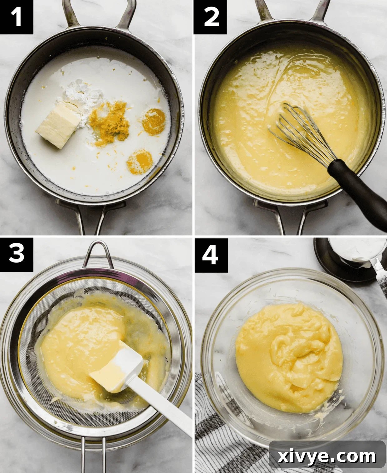 Tangy Lemon Dream Pie 4 Four photos showing how to make a Lemon Sour Cream Pie filling: top left is milk, butter, and lemon zest in a pot, top right image is yellow thickened liquid in a pot, bottom left is lemon sour cream filling poured through a sieve, bottom right image is a thickened lemon mixture in a glass bowl.