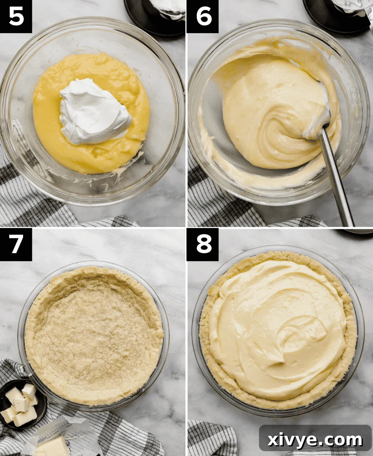 Tangy Lemon Dream Pie 5 The making of Lemon Sour Cream Pie: top left is lemon filling with sour cream overtop, top right is Lemon Sour Cream Pie filling mixed in a glass bowl, bottom image is shortbread pie crust on white background, bottom right is an easy Lemon Sour Cream Pie on a white background.