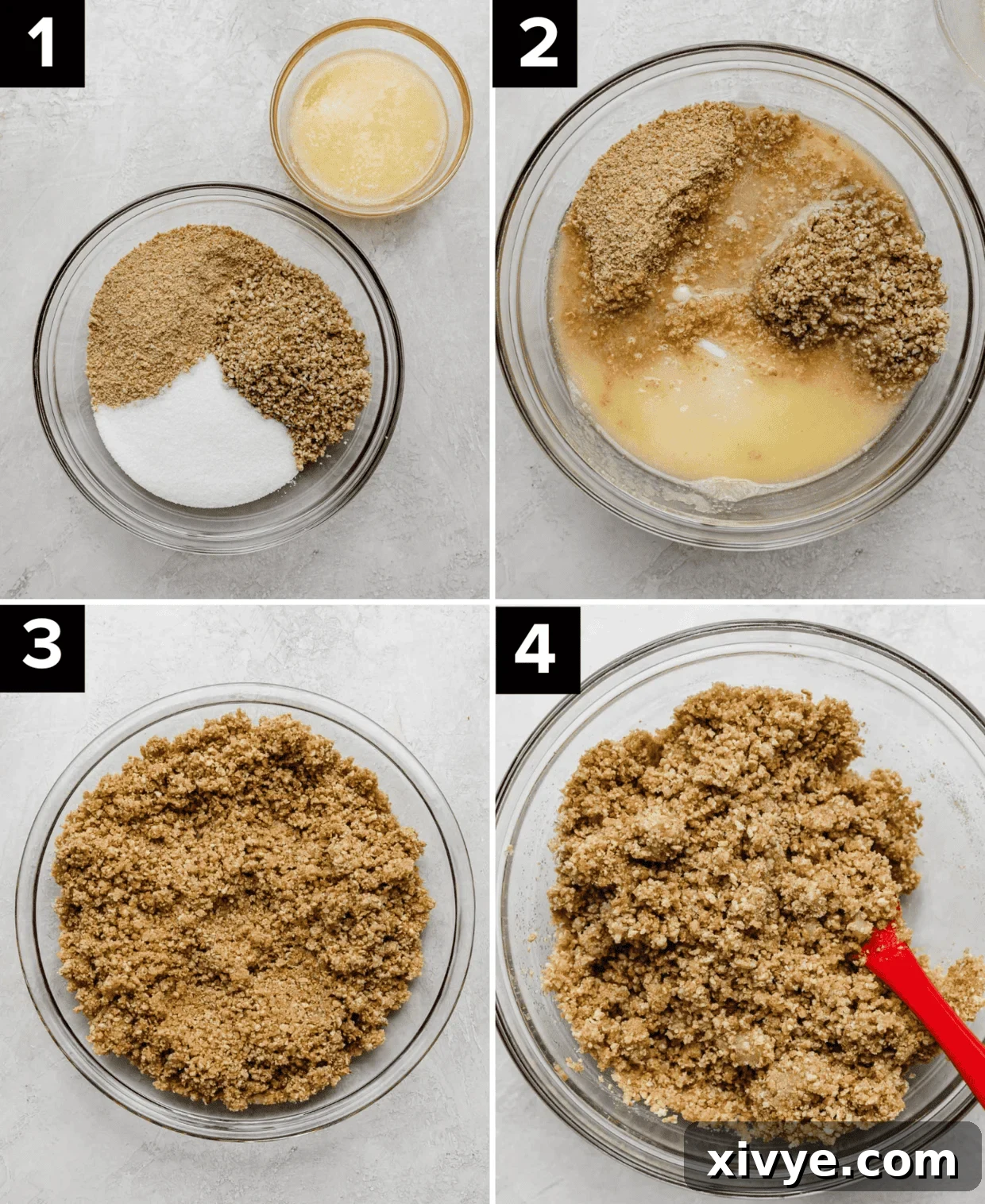 Decadent Turtle Pie 4 Four photos showing the process of making a graham cracker pecan crust that will be used for a no bake turtle pie.