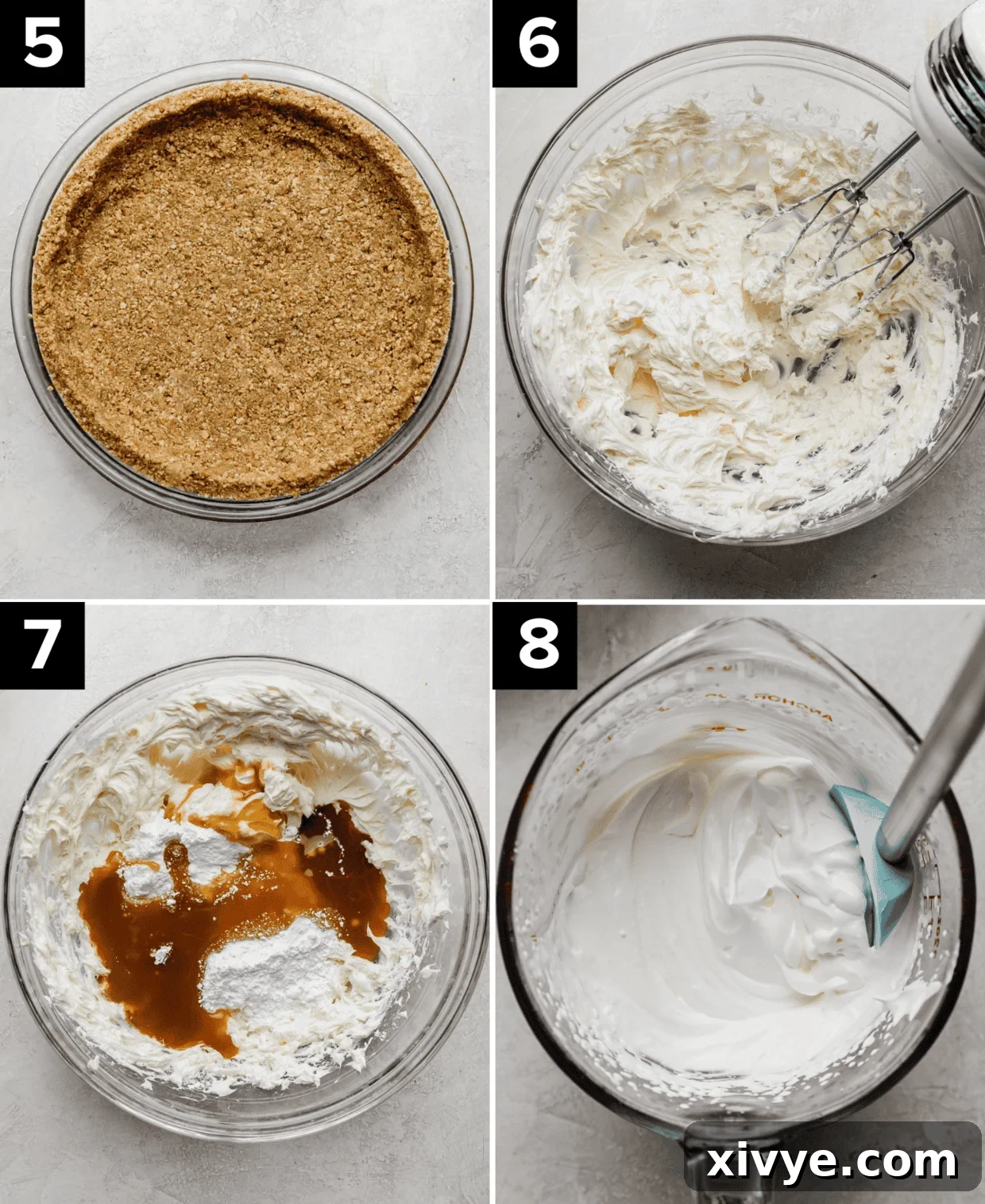 Decadent Turtle Pie 5 Four photos showing how to make an easy turtle pie recipe: pecan graham cracker crust (top left), whipped cream cheese in glass bowl (top right), caramel, powdered sugar and cream cheese in bowl (bottom left), whipped heavy cream in bowl (bottom right).