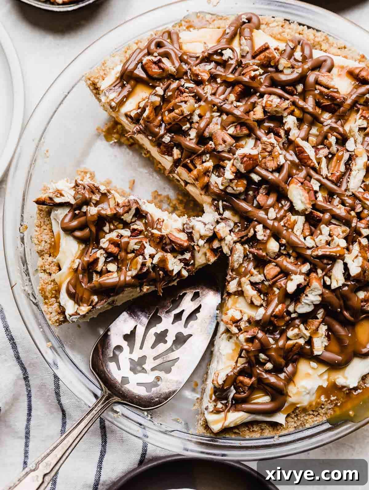 Decadent Turtle Pie 8 Overhead photo of a Turtle Pie in a round pie pan.