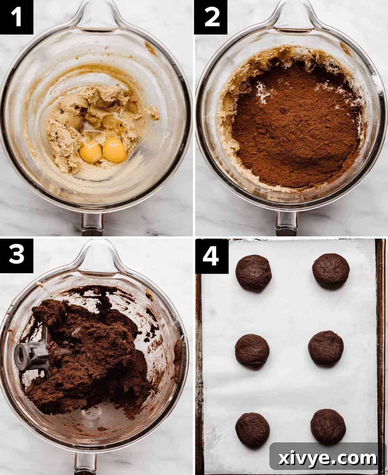 Four photos showing how to make Buckeye Cookies: butter and eggs creamed in glass bowl (top left), cocoa powdered added to glass bowl (top right), Buckeye Cookie batter in glass bowl (bottom left), unbaked brownie cookies on baking sheet (bottom right).