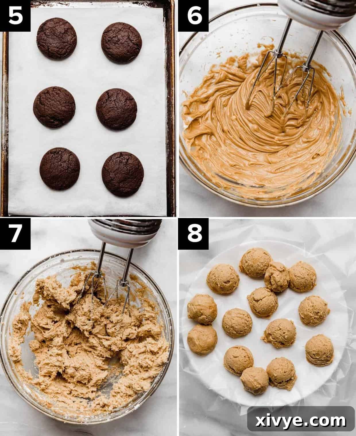Four photos showing how to make easy Buckeye Cookies: baked brownie cookies on baking sheet (top left), smooth peanut butter mixture in glass bowl (top right), peanut butter layer mixture in glass bowl (bottom left), peanut butter balls on white plate (bottom right).